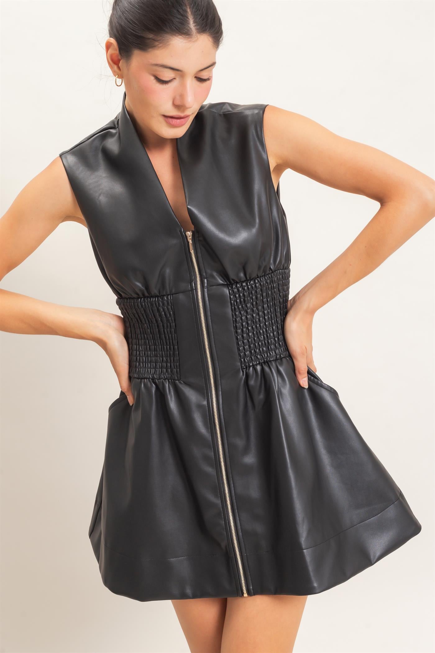 Wholesale Faux Leather Zip Front Dress Dresses HF26E364 BLACK HYFVE