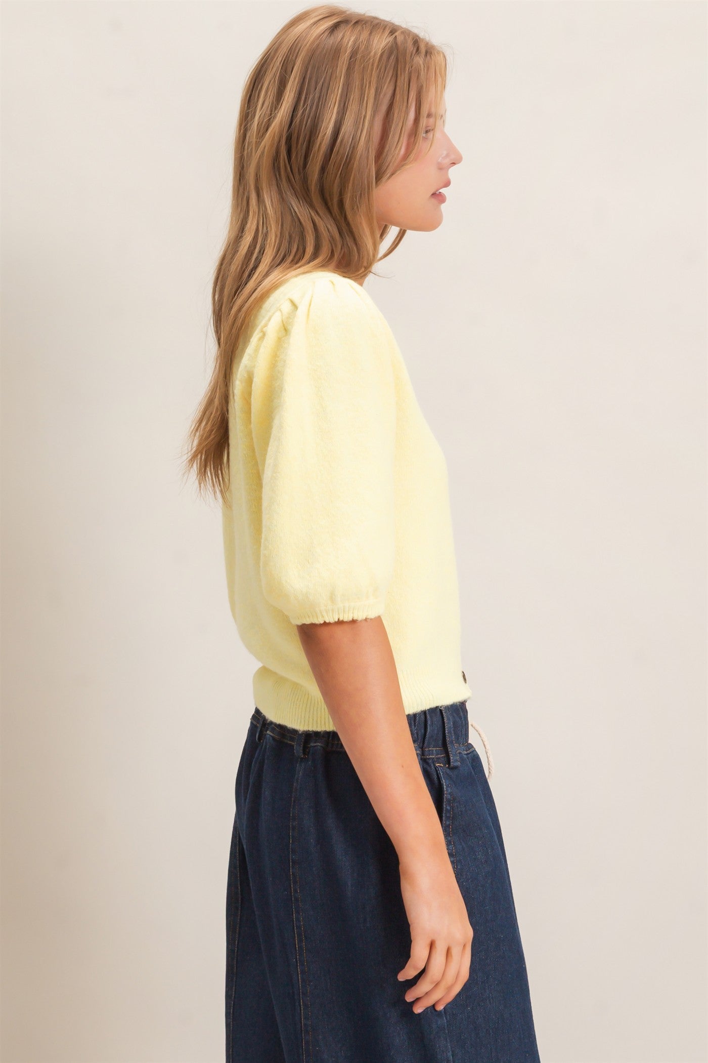Wholesale Button-Up Puff Sleeve Sweater Cardigan Cardigans HF26E165 PALE YELLOW HYFVE