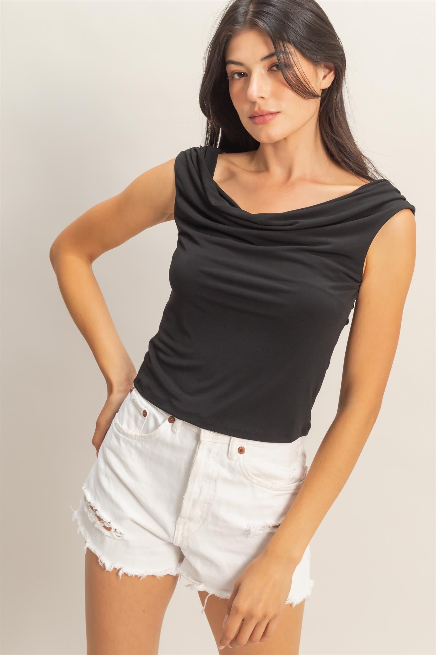 Wholesale Cowl Neck Sleeveless Top Clothing Tops DZ26C274 BLACK DOUBLE ZERO