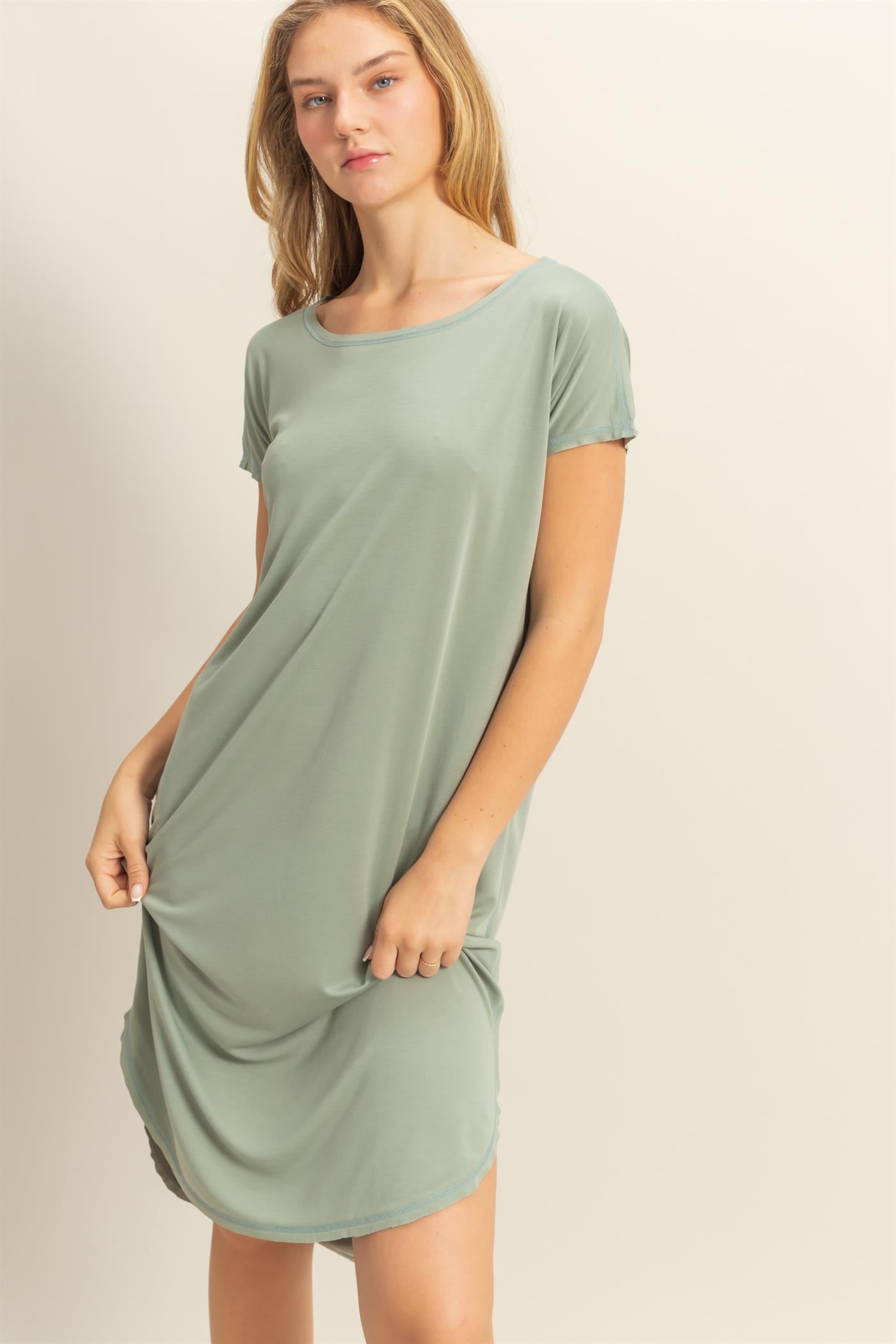 Wholesale Soft High Low Midi Dress  With Round Hem Dresses DZ25E307 SAGE GREEN DOUBLE ZERO