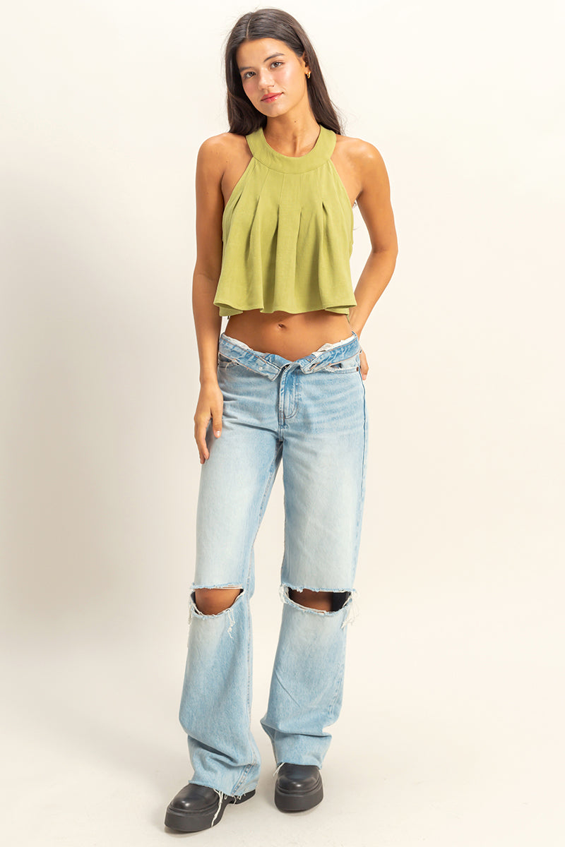 Wholesale Halter Pleated Ruffle Crop Top Clothing Tops HF23C323 LIGHT OLIVE HYFVE