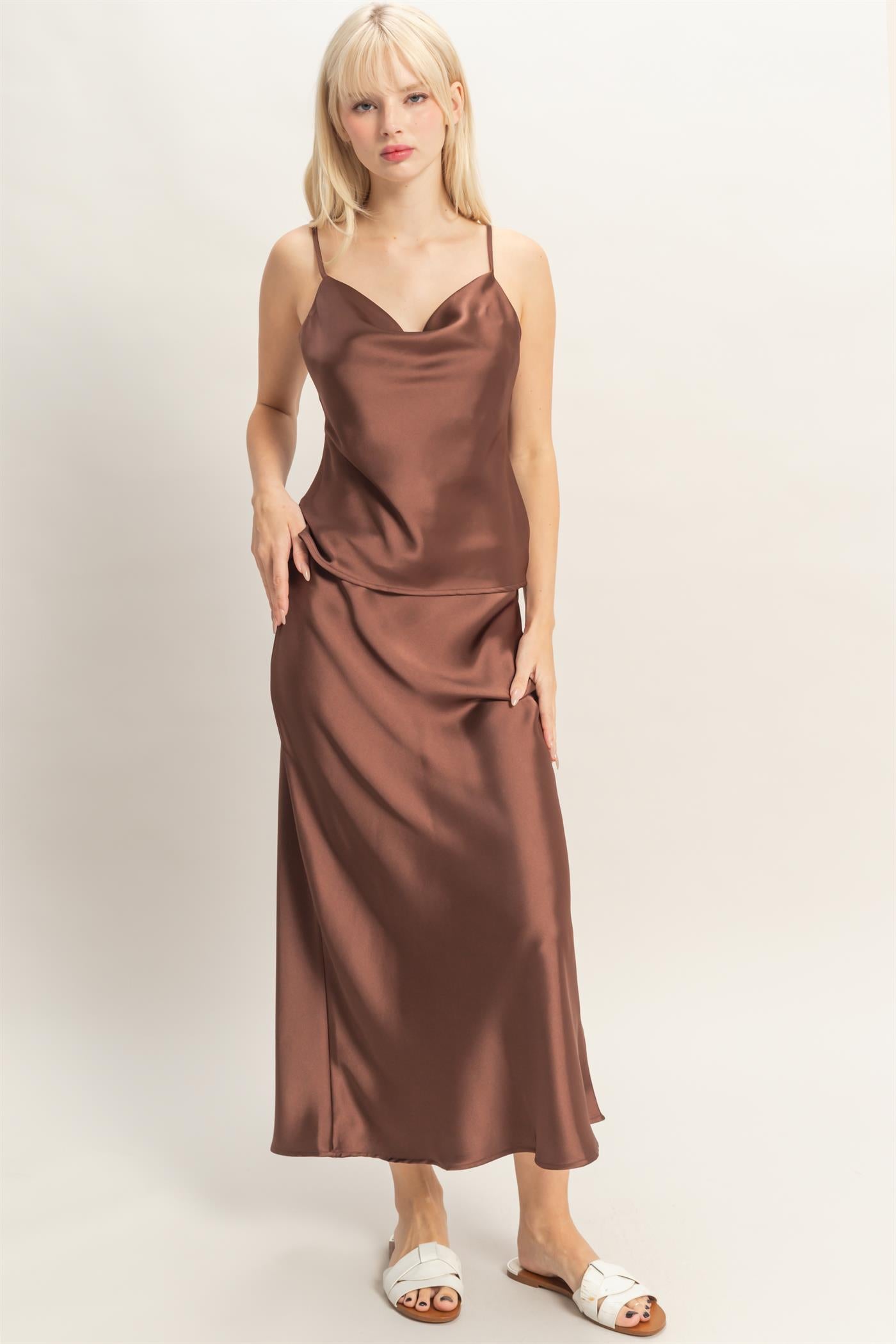 Wholesale Cowl Neck Satin Cami Top Clothing Tops DZ26A277 CHOCOLATE DOUBLE ZERO