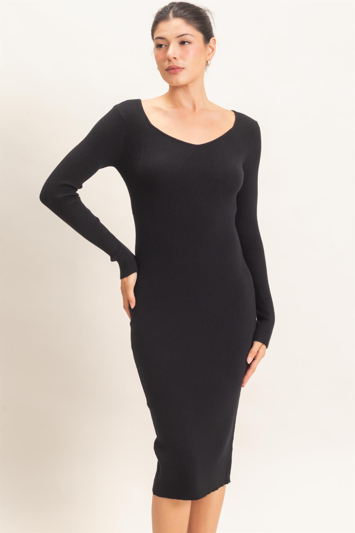 Wholesale Ribbed V-Neck Long Sleeve Dress Dresses HF26E217 BLACK HYFVE