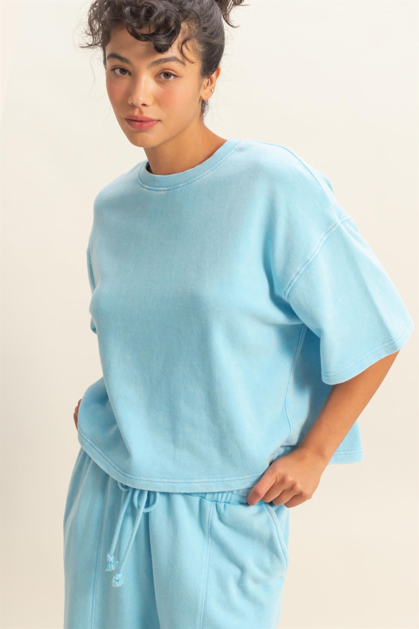 Wholesale Acid Wash Boxy Crew Neck Top T-Shirts DZ26C093 BLUE DOUBLE ZERO