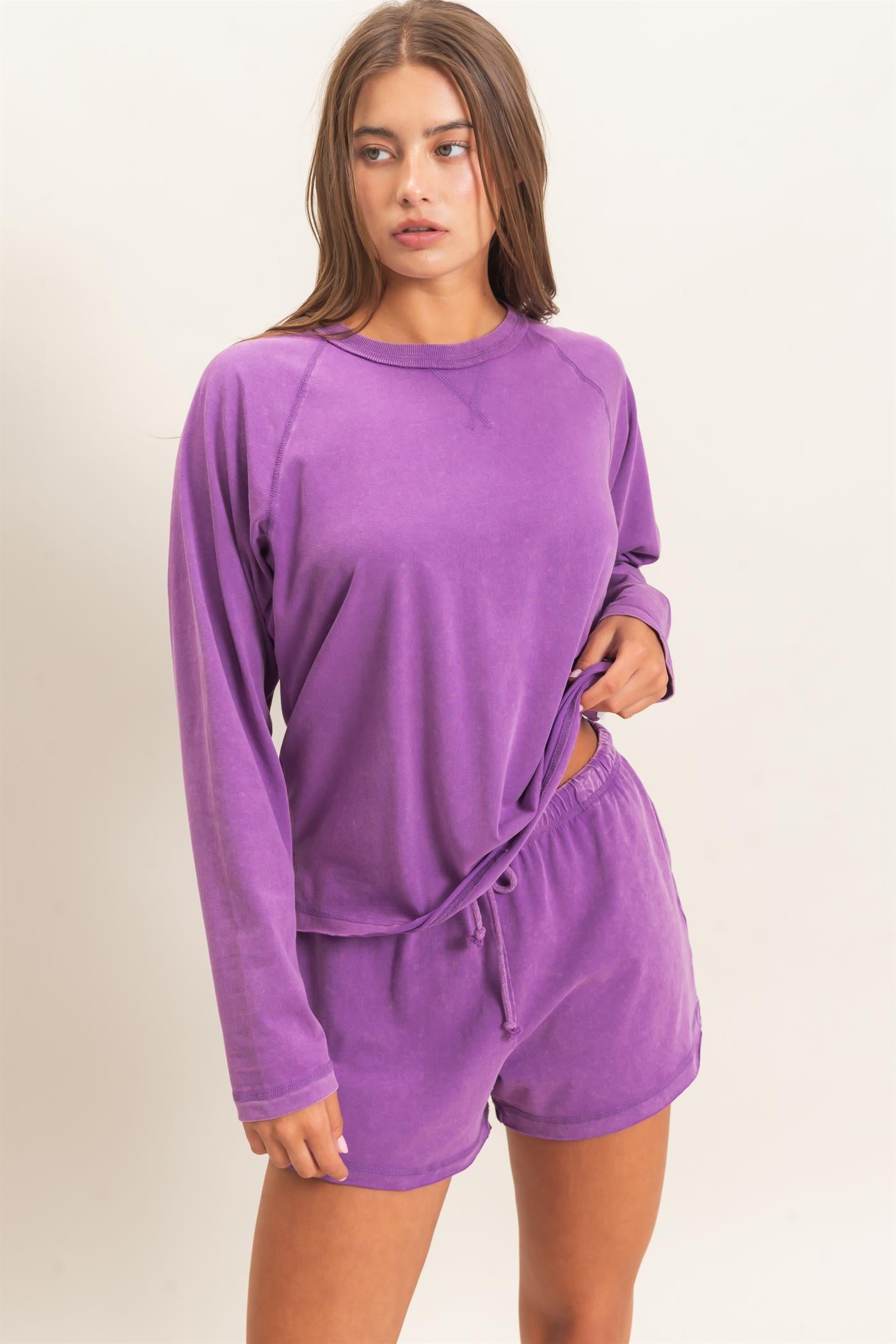 Wholesale Mineral Wash Long Sleeve Raw Edge Top & Shorts Set Clothing DZ26F403-SET PLUM DOUBLE ZERO