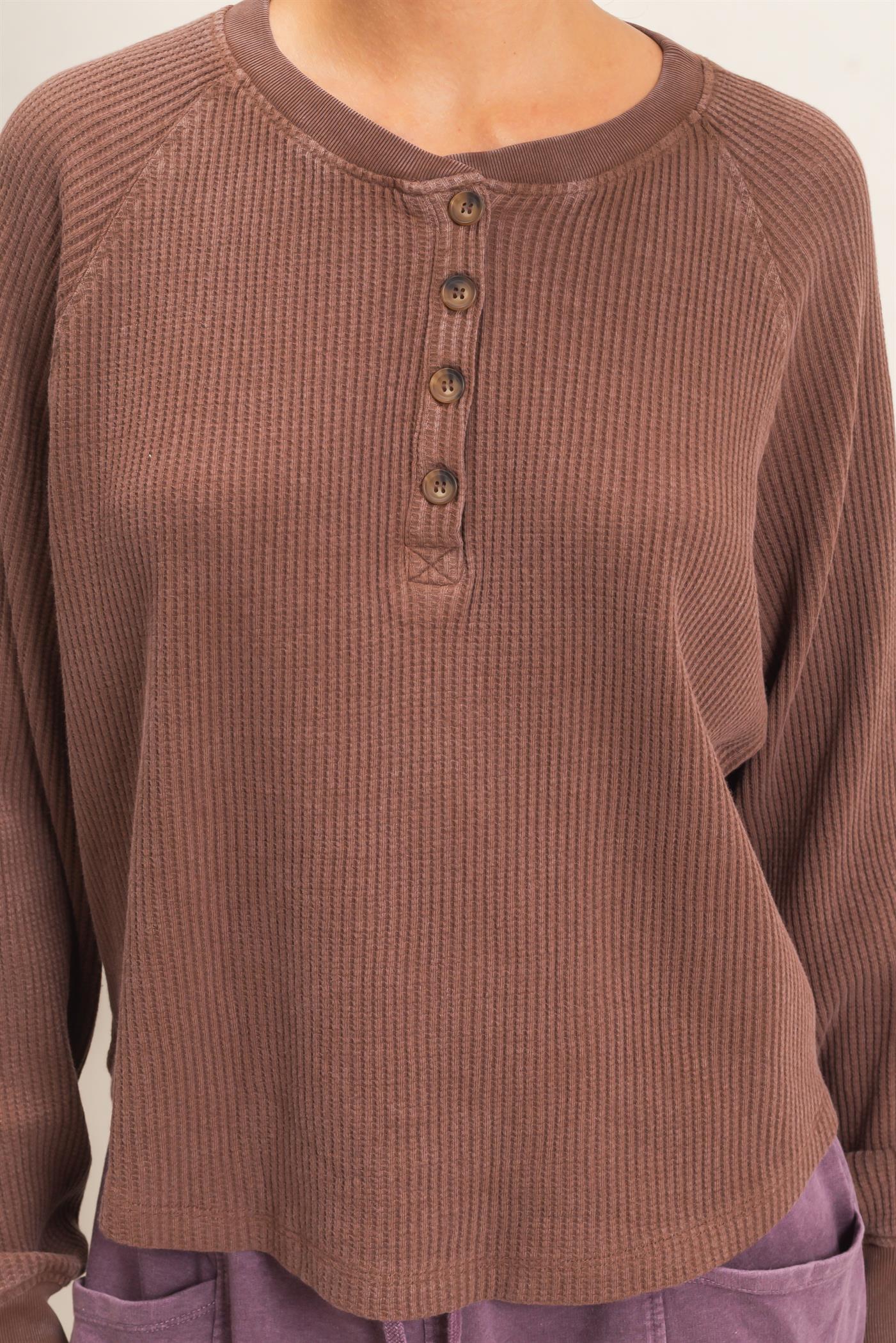 Wholesale Mineral Wash Waffle Knit Henley Top Sweatshirts DZ26E947 DARK BROWN DOUBLE ZERO