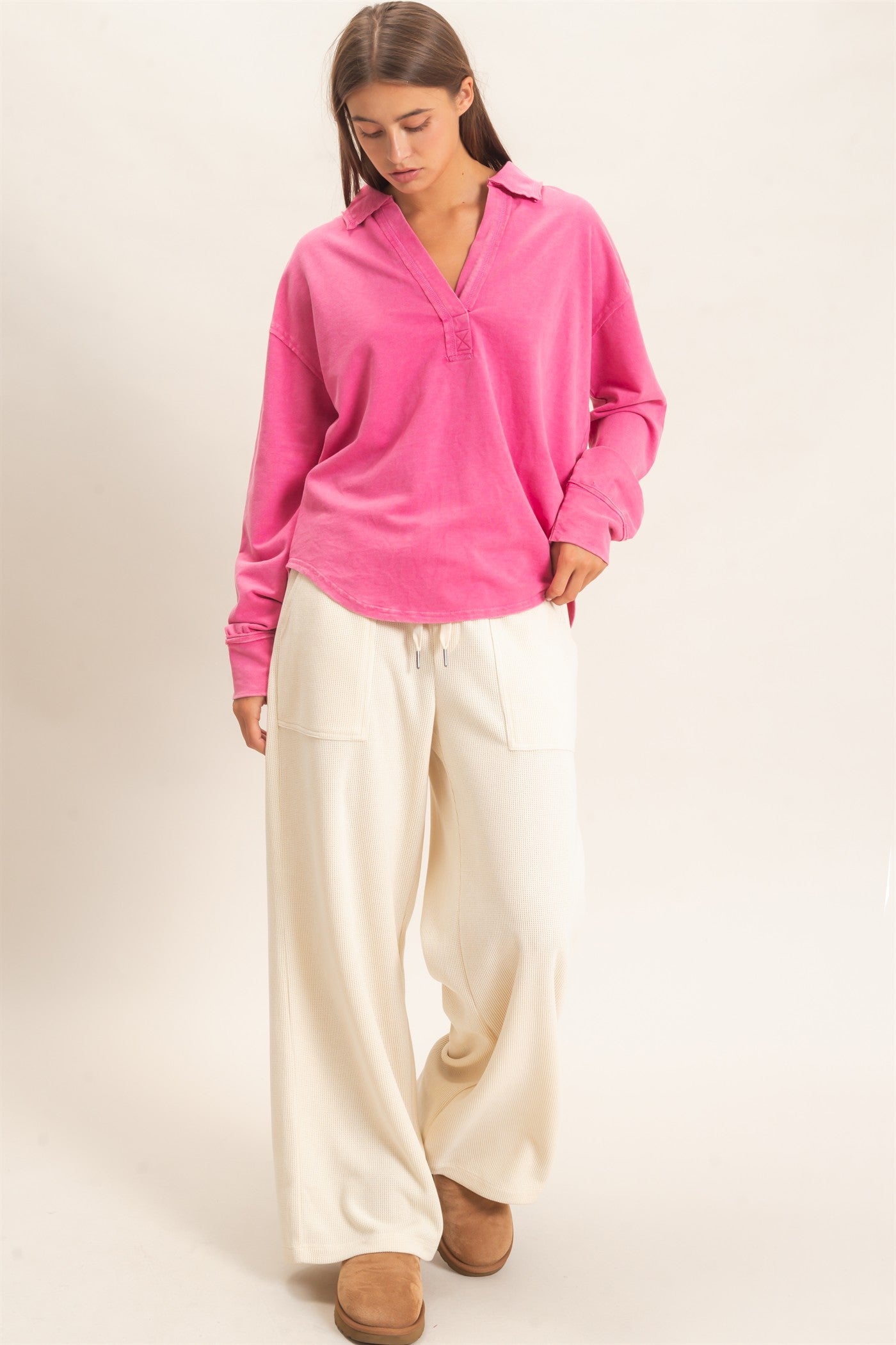 Wholesale Mineral Washed Polo Collar Long Sleeve Top Polos DZ26E887 FUCHSIA DOUBLE ZERO
