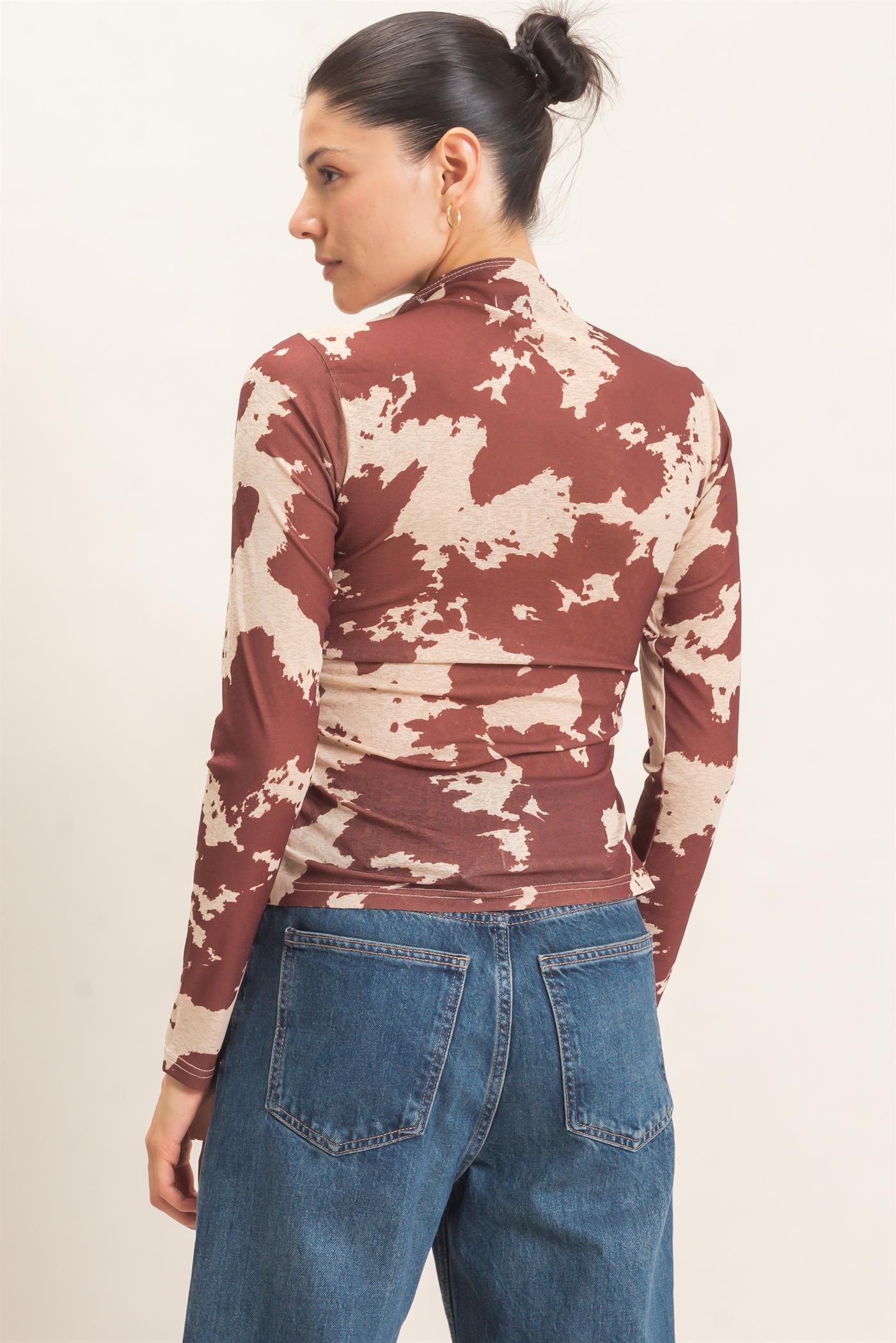 Wholesale Asymmetrical Cow Print Top Clothing Tops HF26E799 BROWN HYFVE