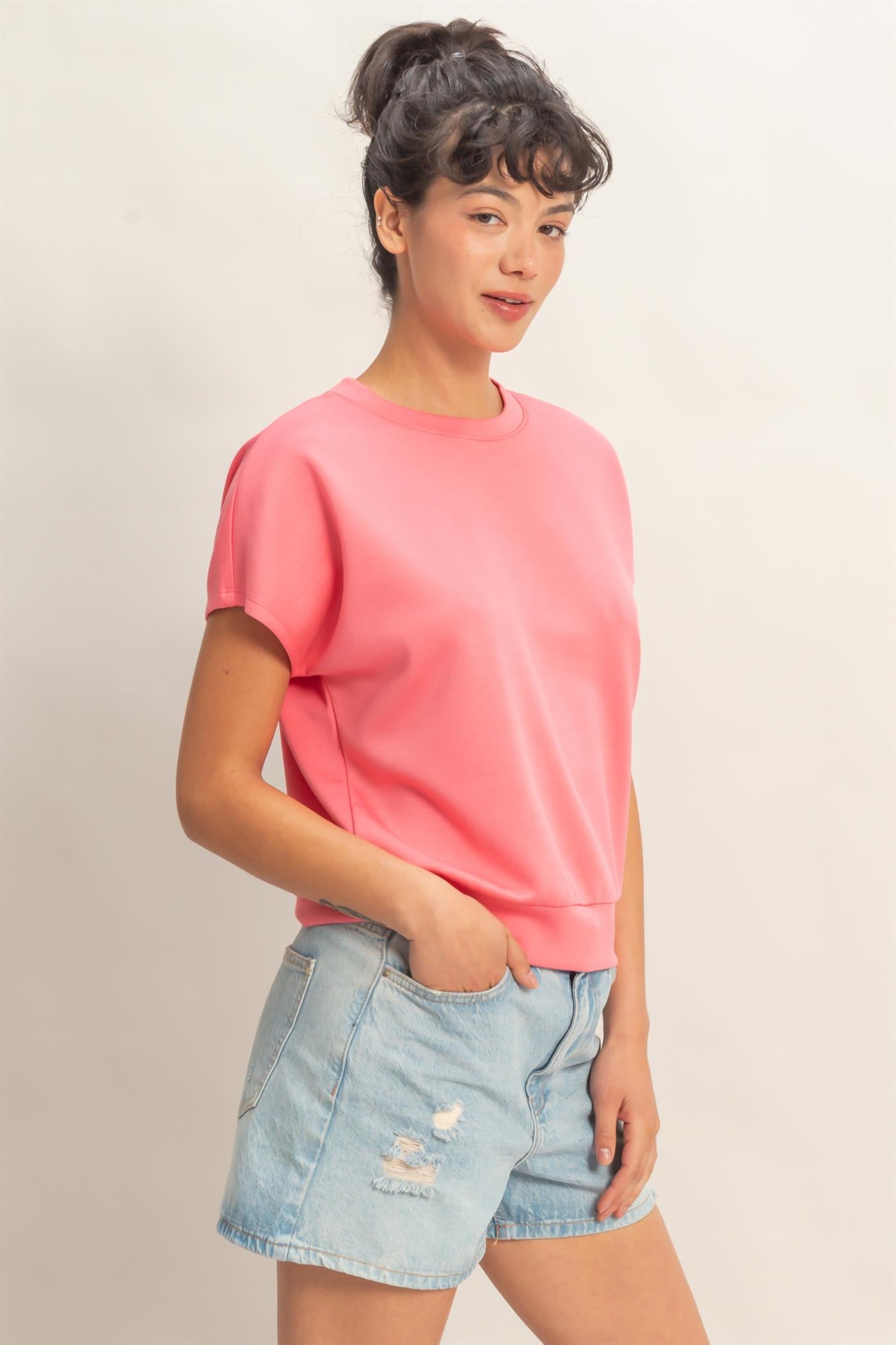 Wholesale Crew Neck Short Dolman Sleeve Top Clothing Tops DZ26C205 TAFFY PINK DOUBLE ZERO