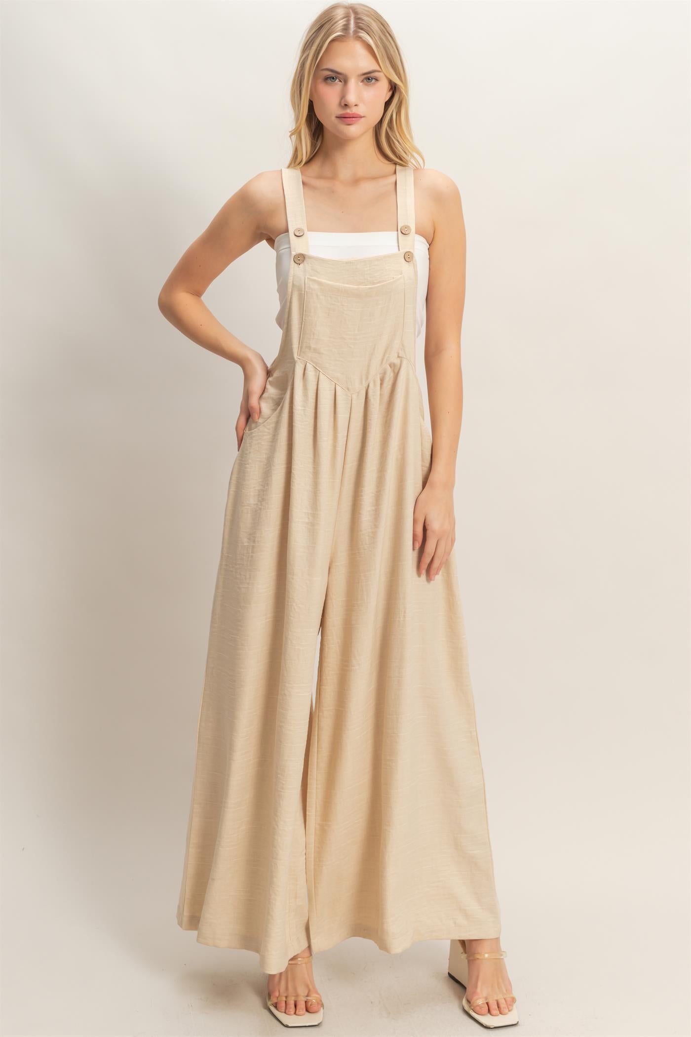 Wholesale Wide Leg Overall Jumpsuit Clothing HF26C322 OATMEAL HYFVE