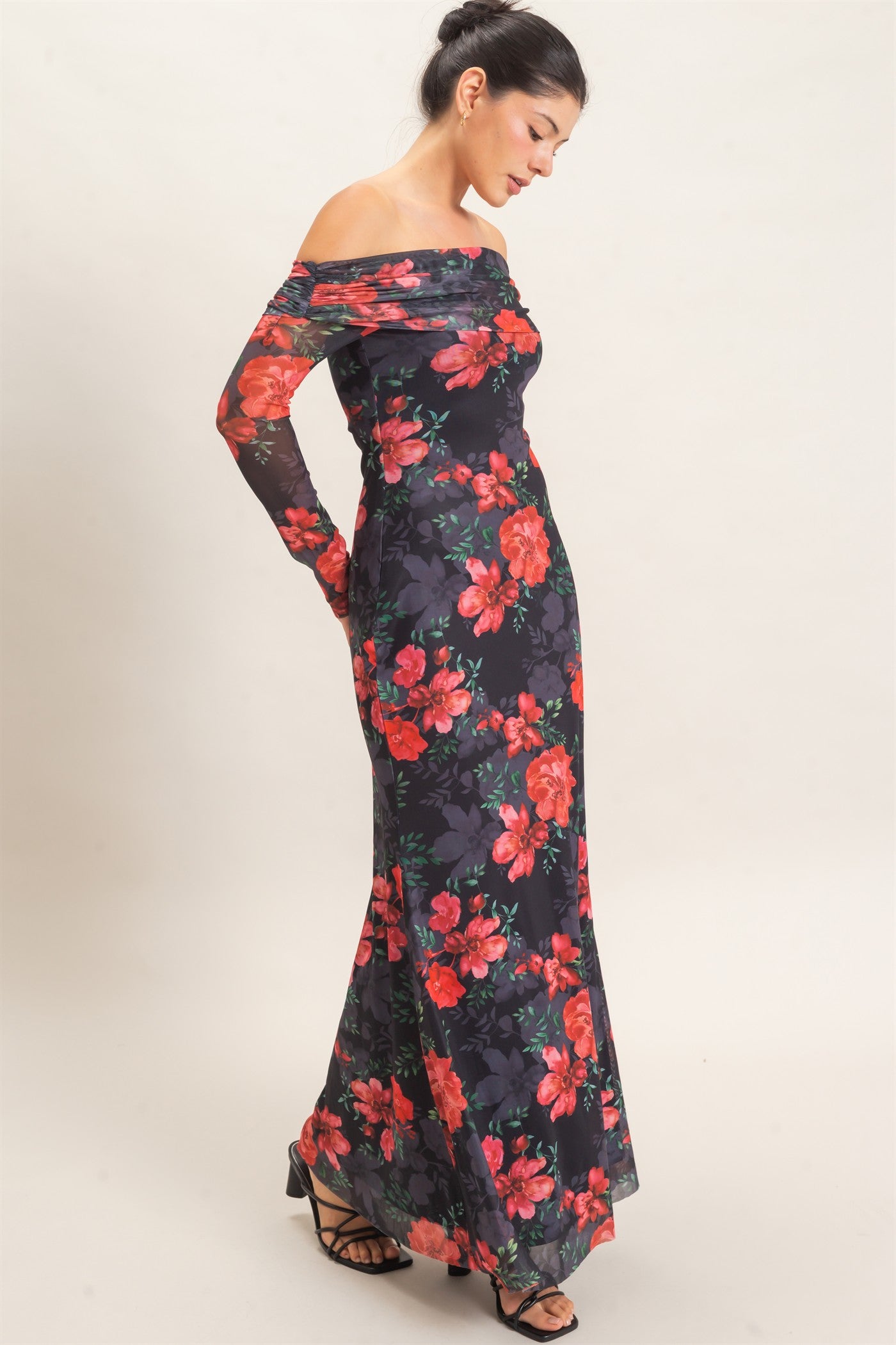 Wholesale Off Shoulder Floral Mesh Dress Dresses HF26E008 BLACK HYFVE