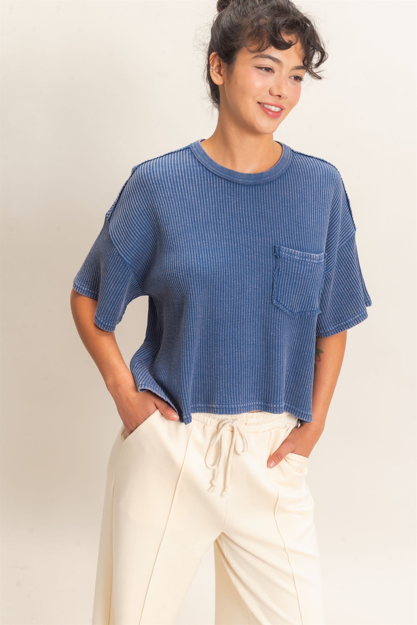 Wholesale Mineral Wash Waffle Knit Pocket Top Clothing Tops DZ26E222 NAVY DOUBLE ZERO