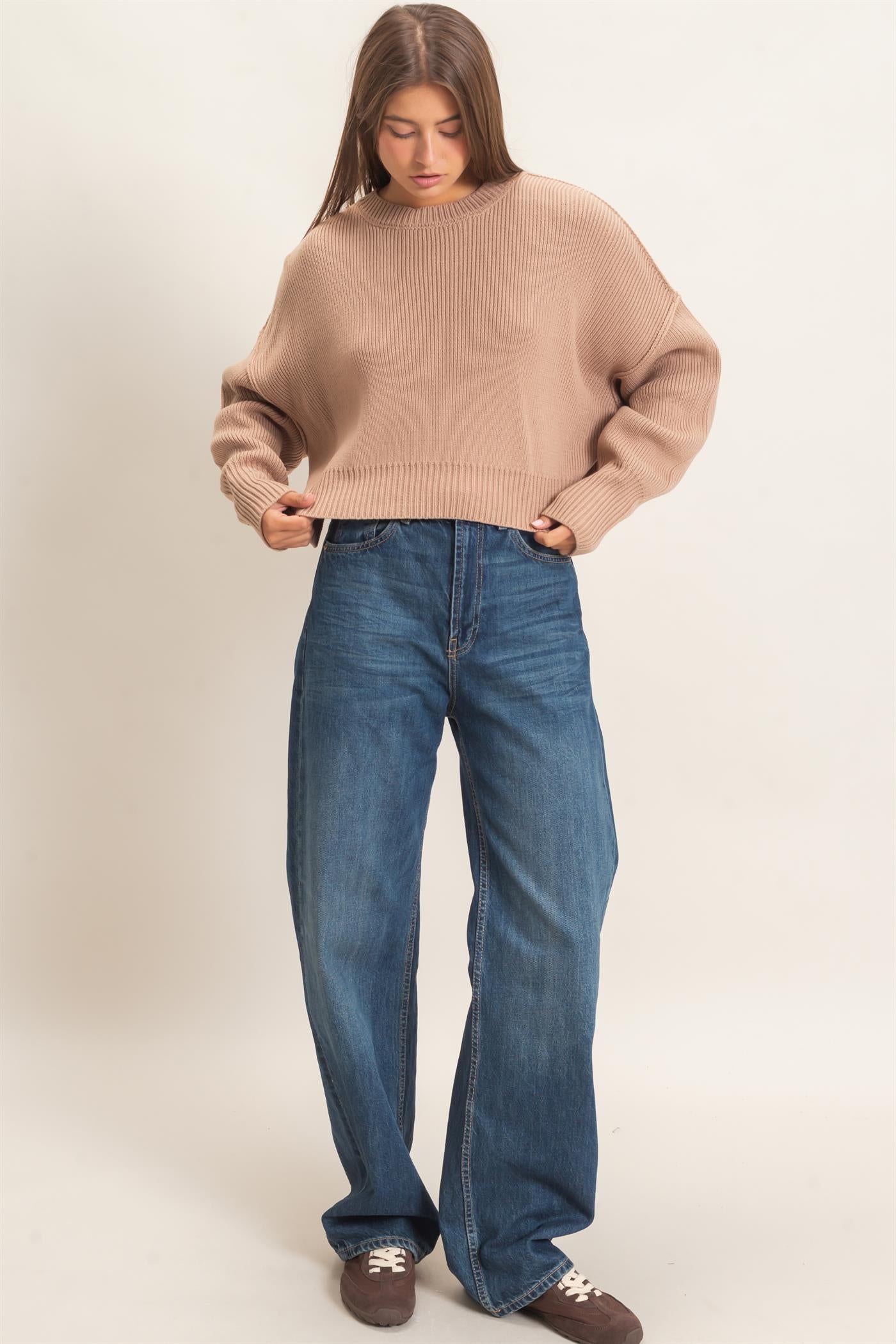 Wholesale Ribbed Drop Shoulder Sweater Sweaters DZ26C982 DARK TAUPE DOUBLE ZERO