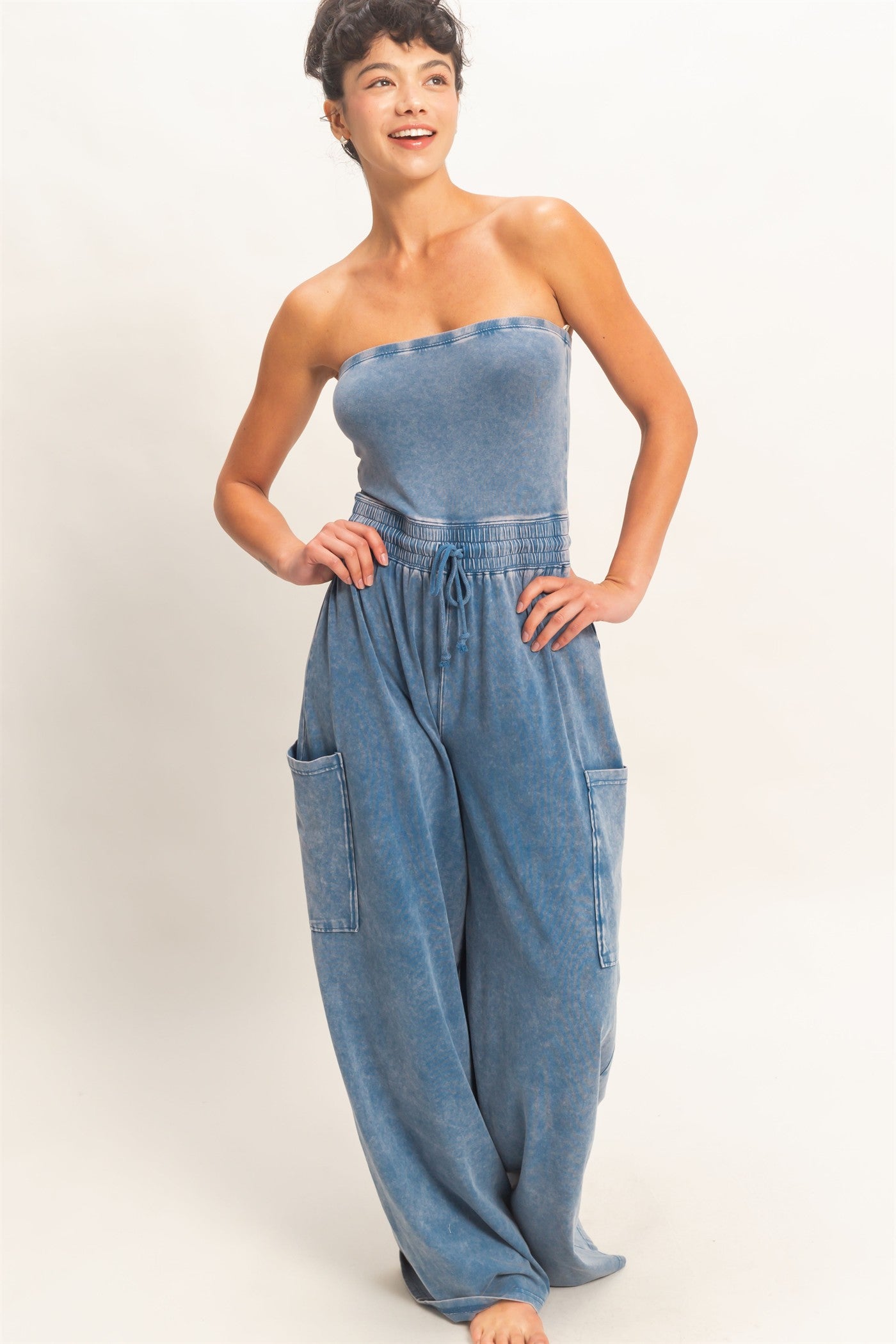 Wholesale Mineral Wash Strapless Wide-Leg Jumpsuit Clothing DZ26C376 NAVY DOUBLE ZERO