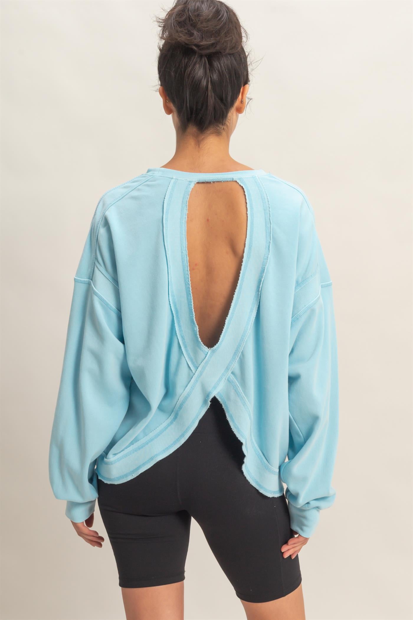 Wholesale Oversized Cross Detail Open Back Sweatshirt Clothing Tops DZ26E050 BLUE DOUBLE ZERO