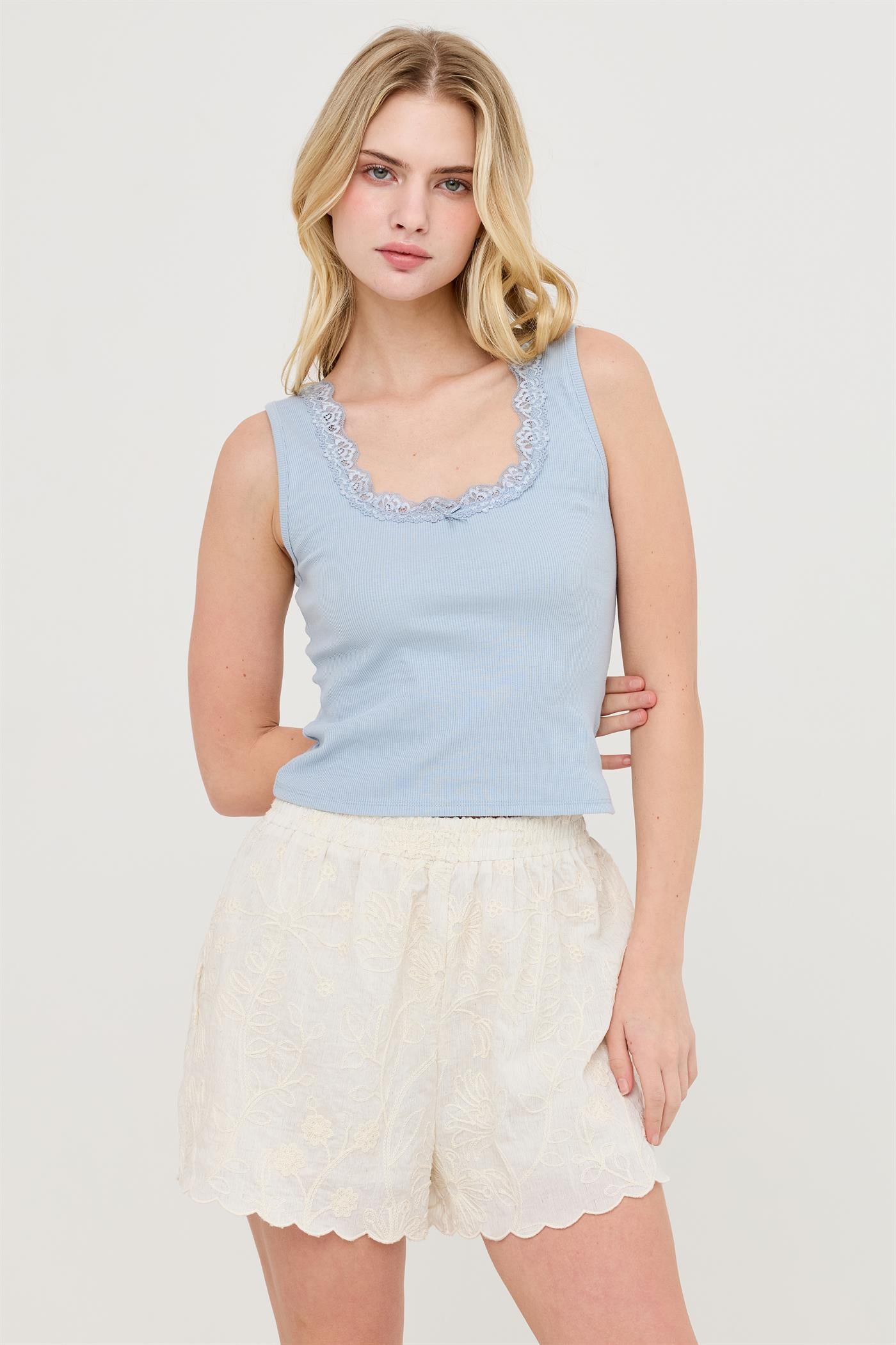 Wholesale Lace Trim Ribbed Tank Top Clothing Tops HF26A295 L.BLUE HYFVE