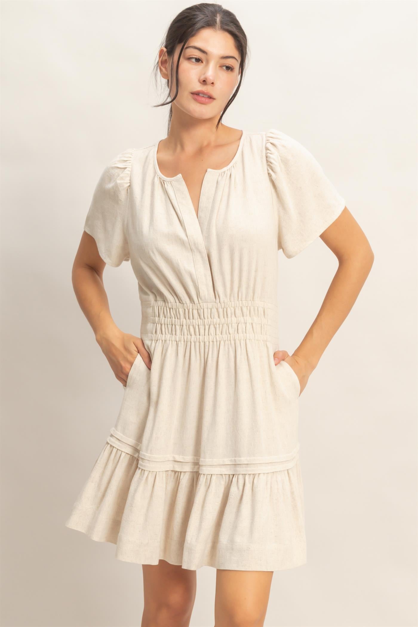 Wholesale Short Sleeve Tuck Skirt Dress Dresses HF26A194 OATMEAL HYFVE