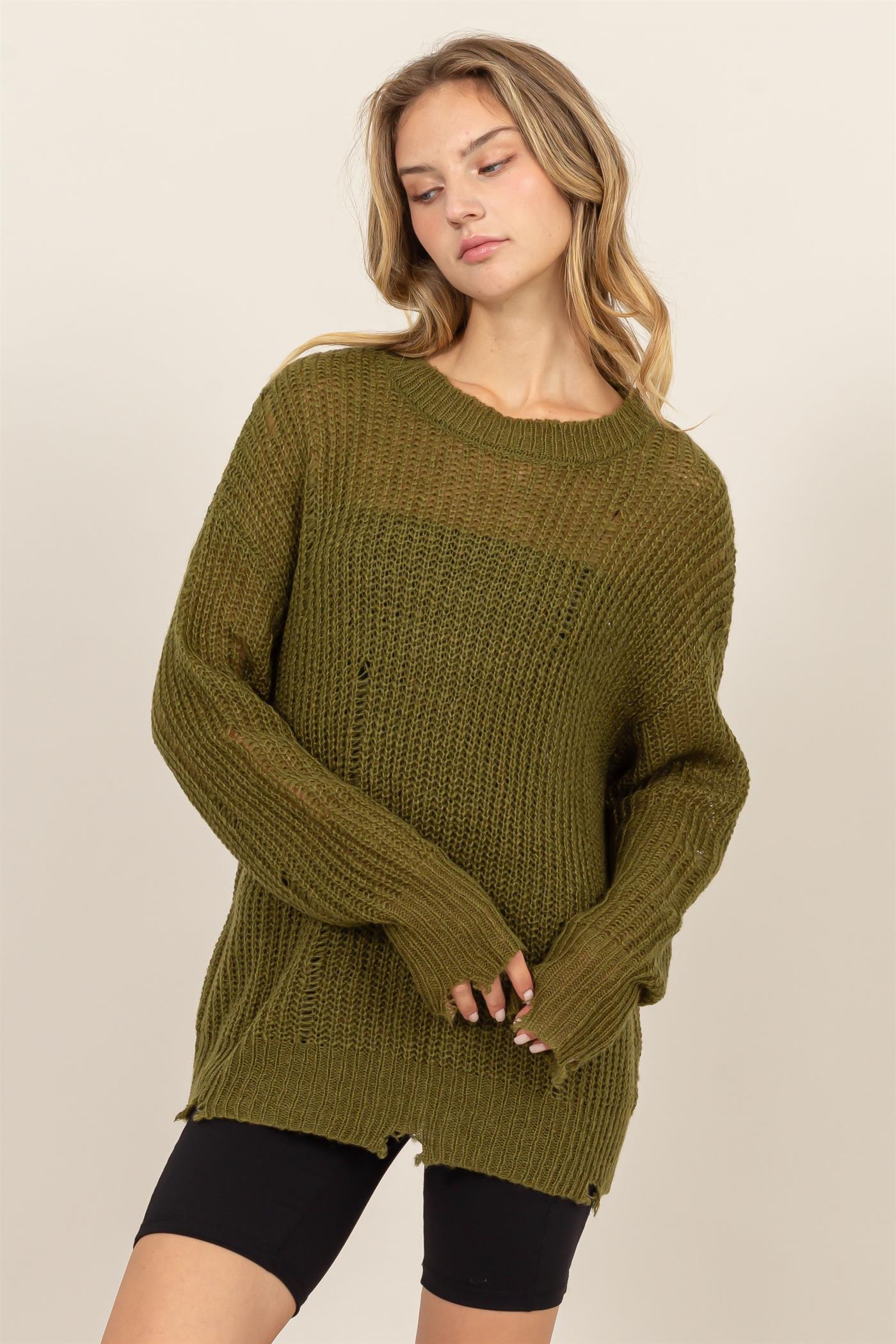 Wholesale Distressed Knit Sweater Sweaters DZ23F192 MOSS DOUBLE ZERO