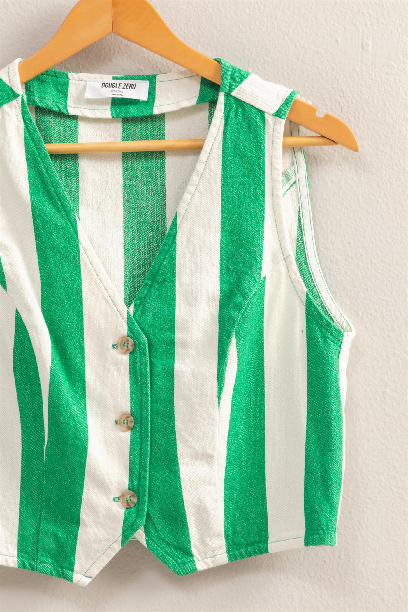 Wholesale Woven Striped V-Neck Sleeveless Vest Vests DZ25A806 GREEN/CREAM DOUBLE ZERO