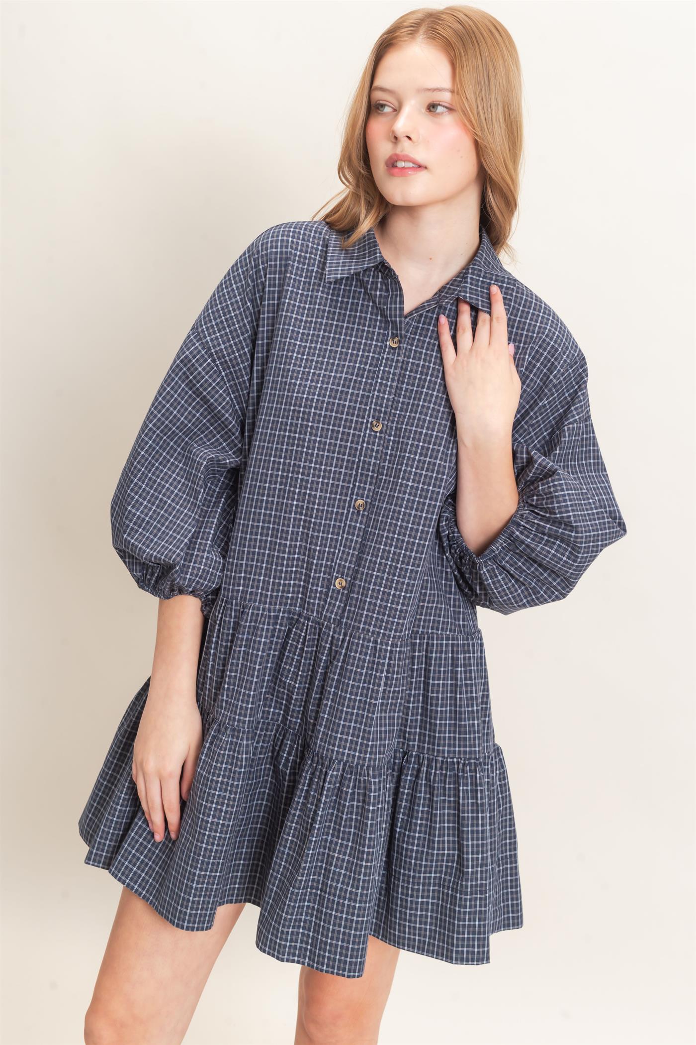 Wholesale Plaid Button-Down Tiered Dress Dresses HF26E795 NAVY HYFVE