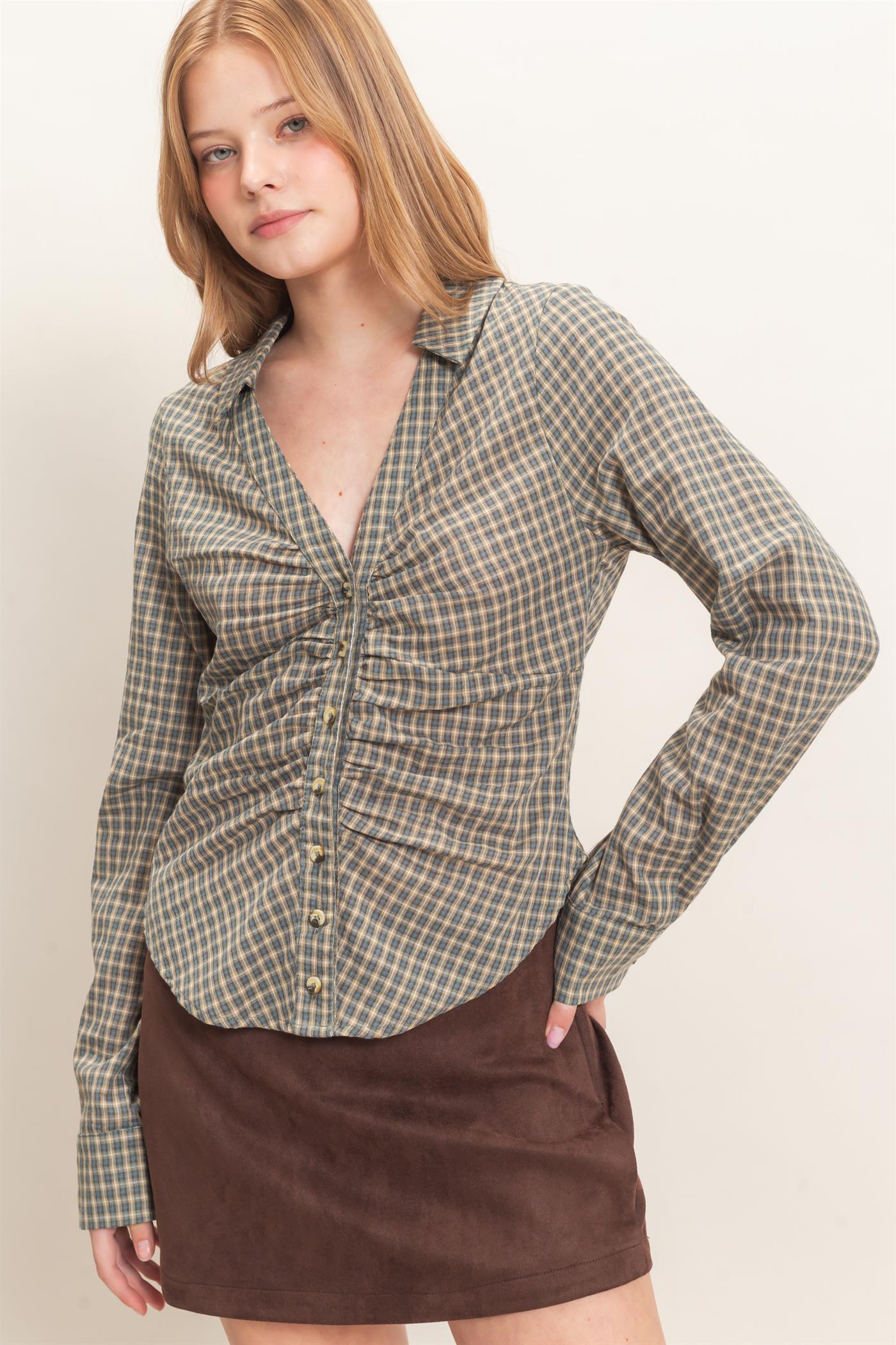 Wholesale Ruched Button-Down Shirt Blouses HF26E348 TEAL BLUE HYFVE