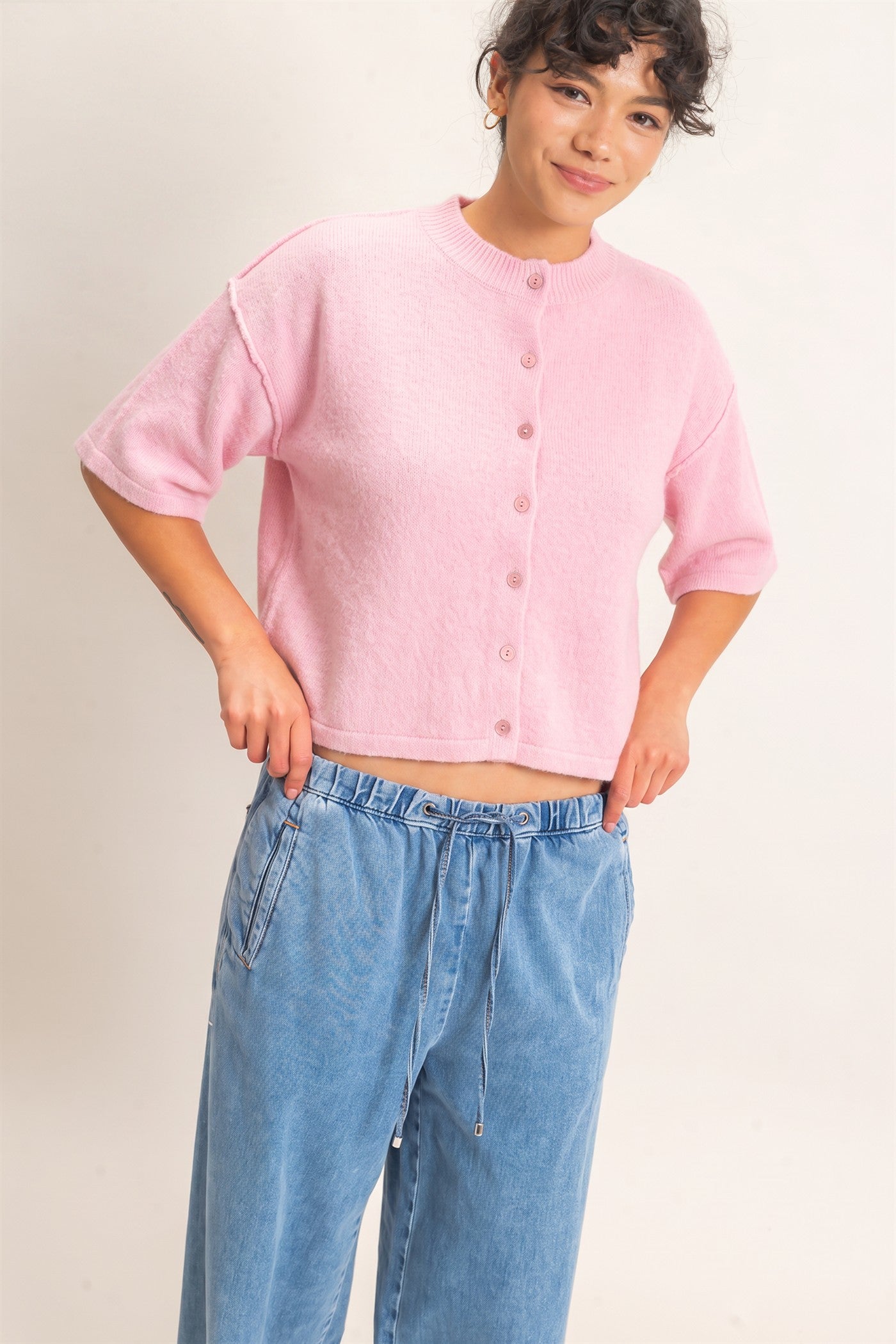 Wholesale Drop Shoulder Short Sleeve Cardigan Cardigans DZ26E238 PINK DOUBLE ZERO