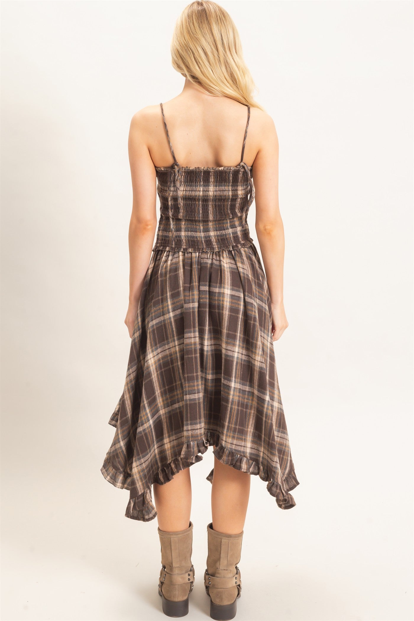 Wholesale Plaid Smocked Spaghetti Strap Dress Dresses HF26F211 BROWN HYFVE