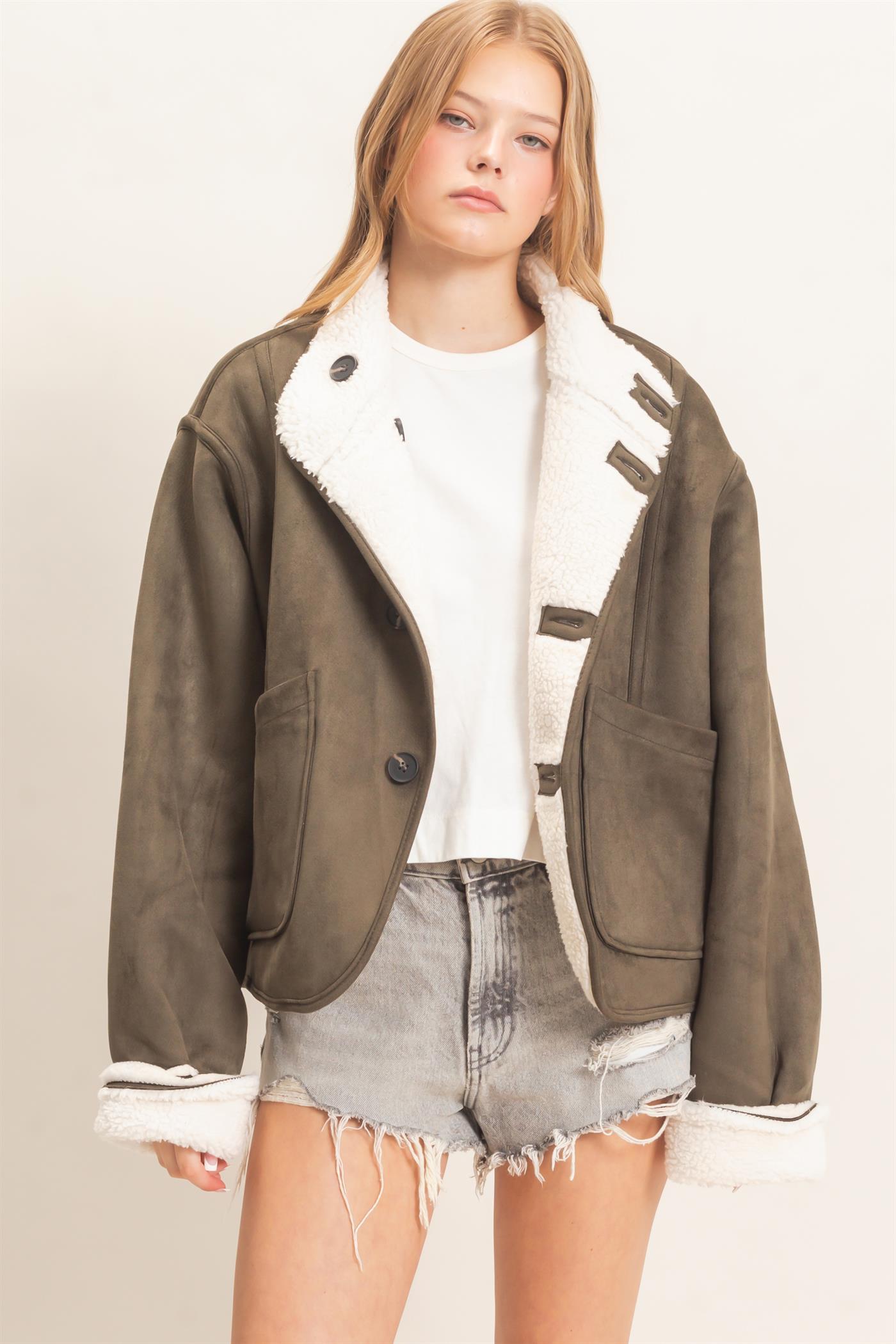 Wholesale Reversible Faux Suede & Sherpa Jacket Coats & Jackets HF26E718 OLIVE HYFVE
