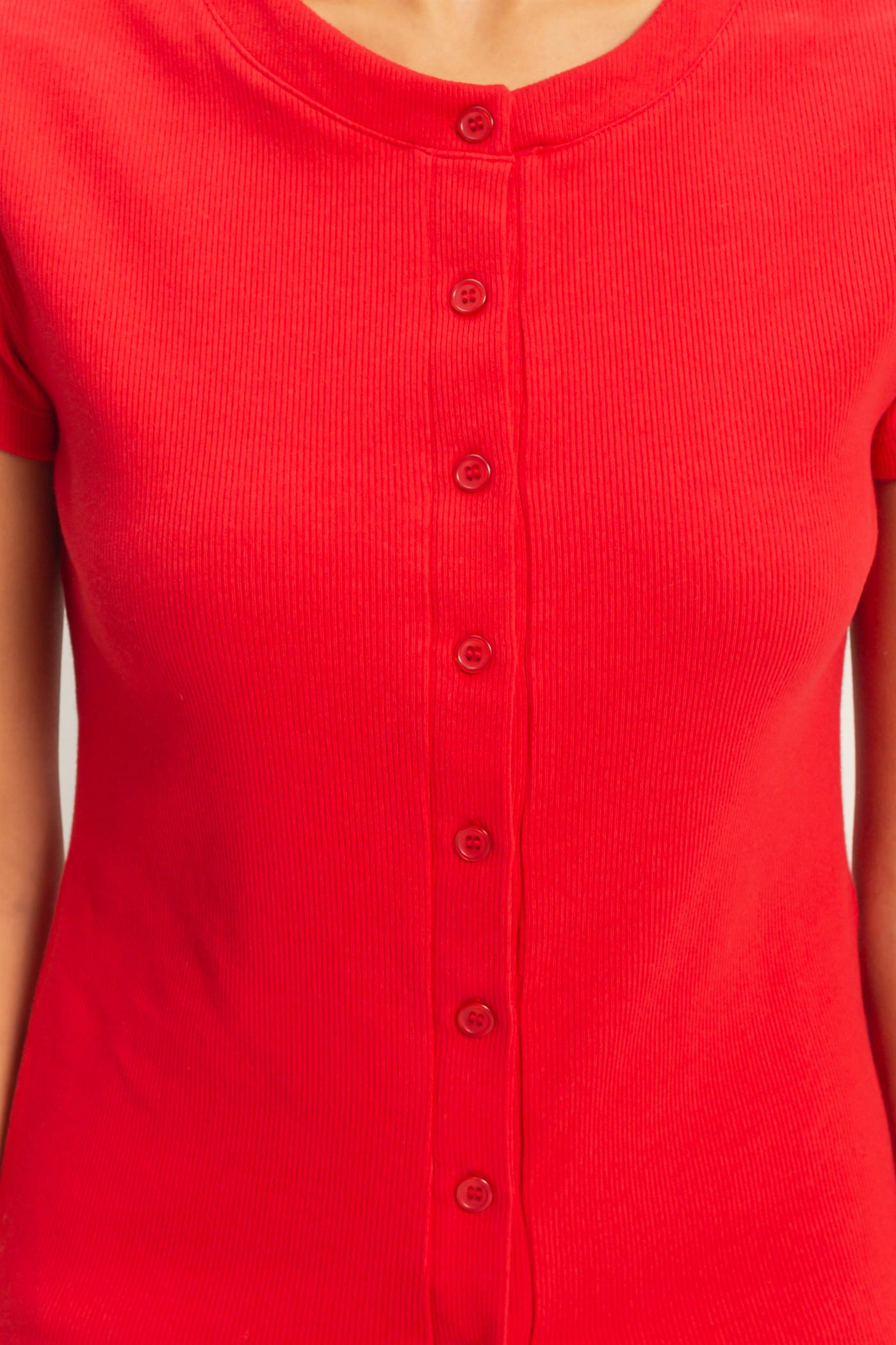 Wholesale Ribbed Button-Front Crew Neck Top Clothing Tops DZ26A727 RED DOUBLE ZERO