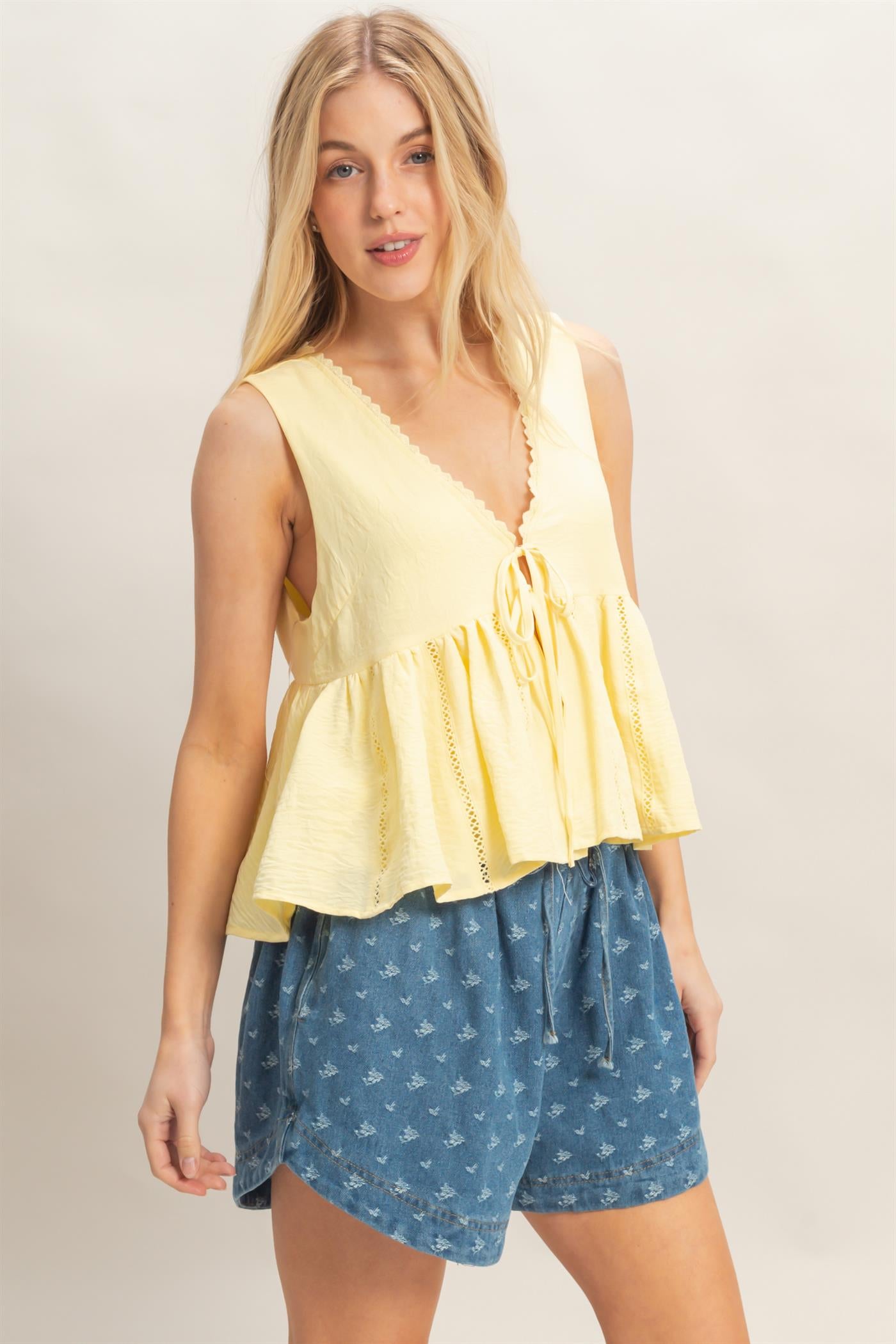 Wholesale Lace Trim Tie Front Top Clothing Tops HF26C100-D LIGHT YELLOW HYFVE