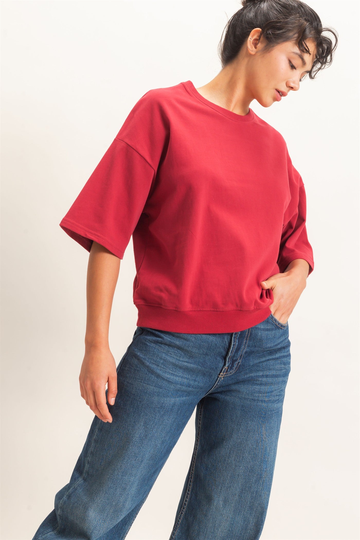 Wholesale Washed Crew Neck Short Sleeve Top Clothing Tops DZ26E381 DARK RED DOUBLE ZERO
