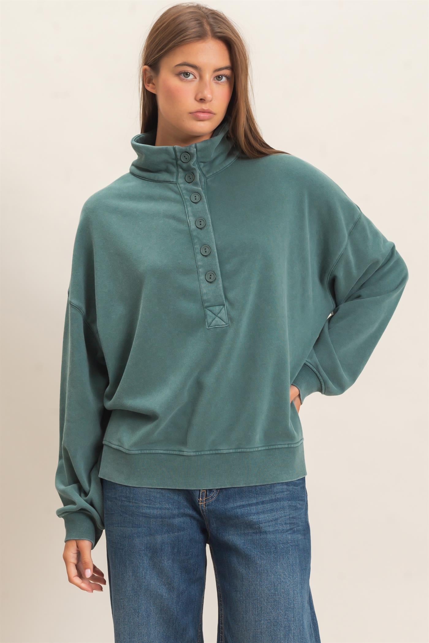 Wholesale Mineral Wash Button Front Sweatshirt Sweatshirts DZ26C909 DARK GREEN DOUBLE ZERO