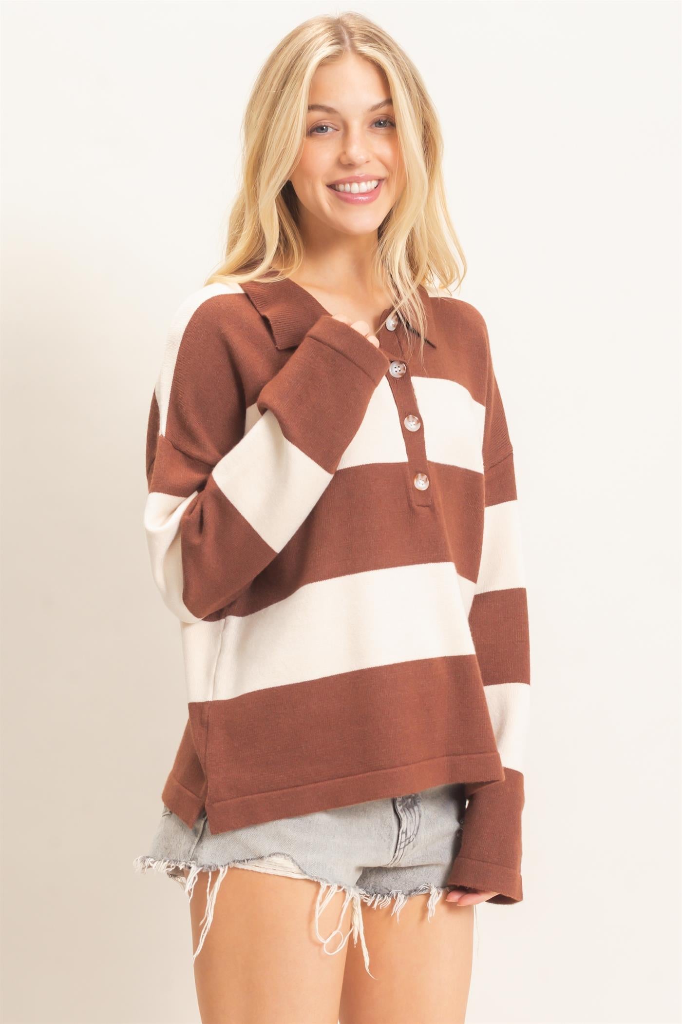 Wholesale Striped Button-Up Sweater Sweaters HF26F198 BROWN HYFVE