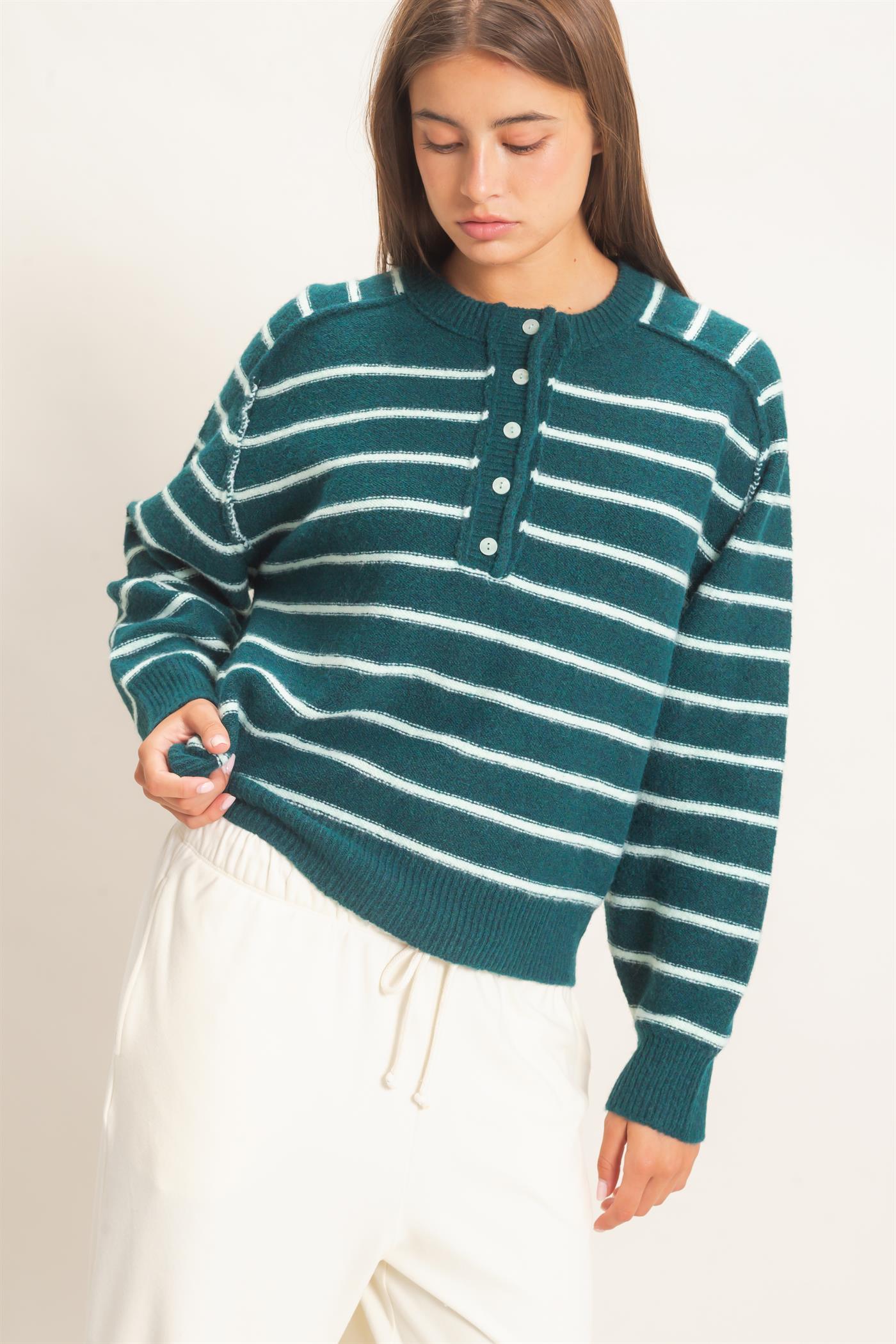 Wholesale Stripe Henley Sweater Sweaters DZ26F002 DARK GREEN DOUBLE ZERO