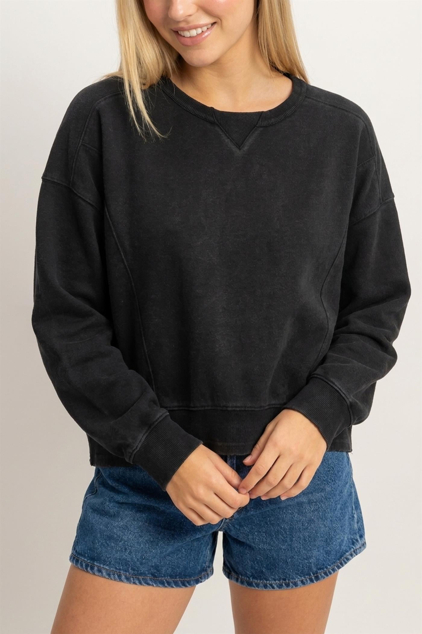 Wholesale Acid Wash Seam Detail Crew Neck Sweatshirt Sweatshirts DZ26E260 BLACK DOUBLE ZERO