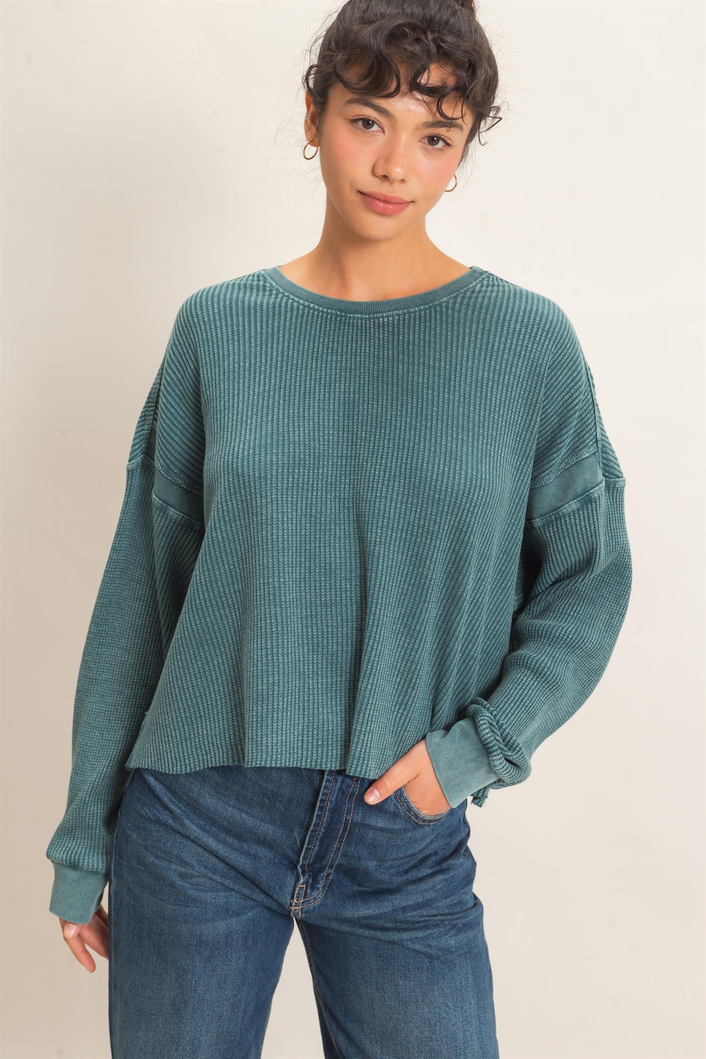 Wholesale Mineral Wash Waffle Open Back Top Clothing Tops DZ26C964 DARK TEAL DOUBLE ZERO