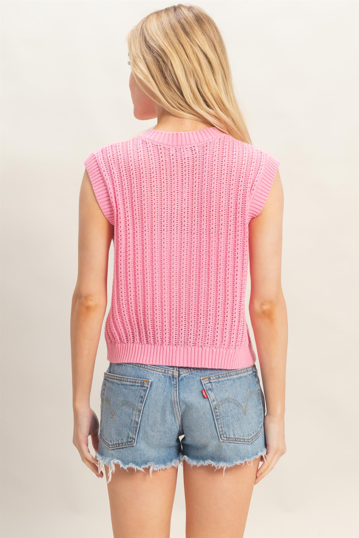 Wholesale Sleeveless Ribbed Button Top Sweaters HF26A356 PINK HYFVE