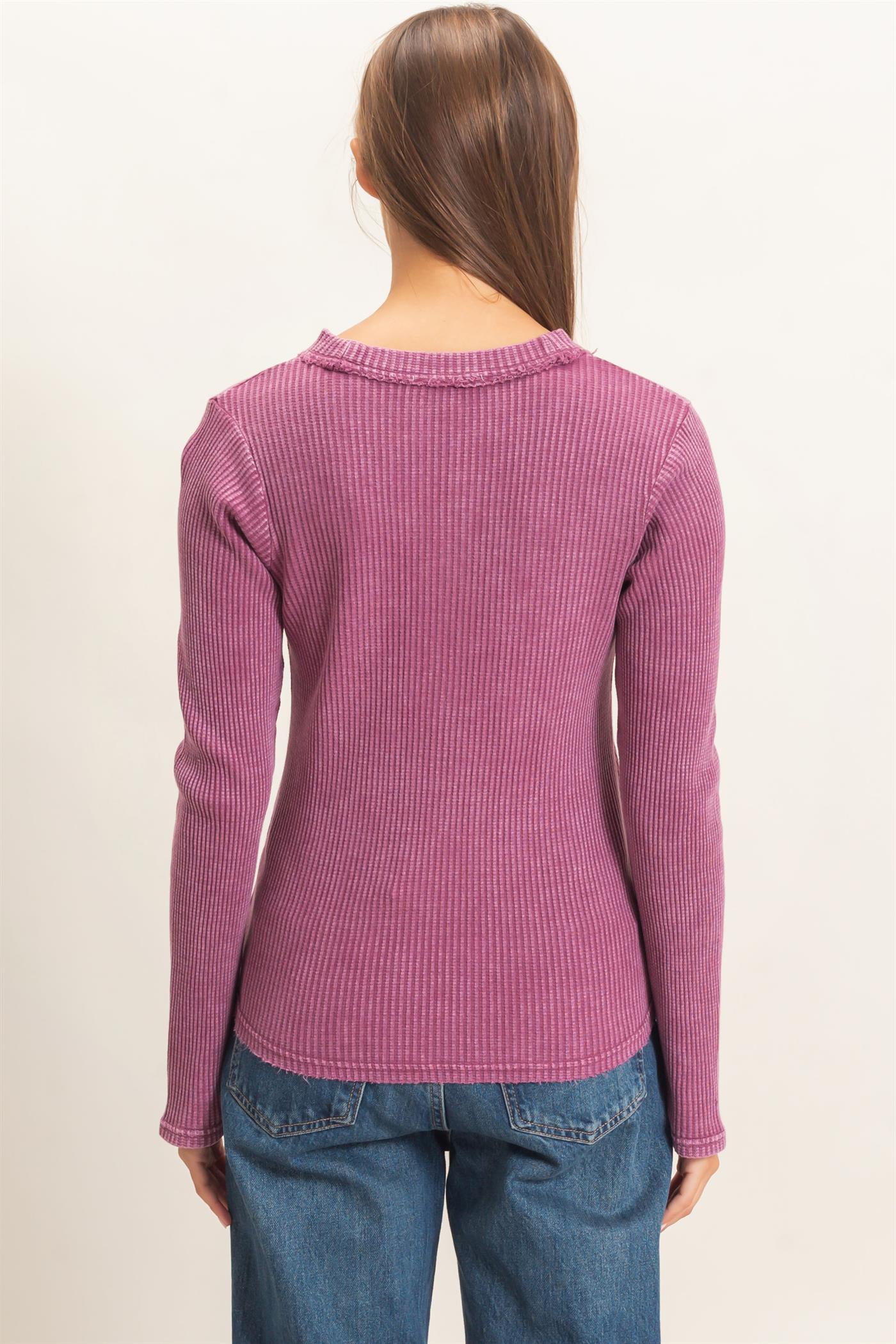 Wholesale Mineral Wash Waffle Henley Long Sleeve Top Clothing Tops DZ26E243 DARK CHERRY DOUBLE ZERO