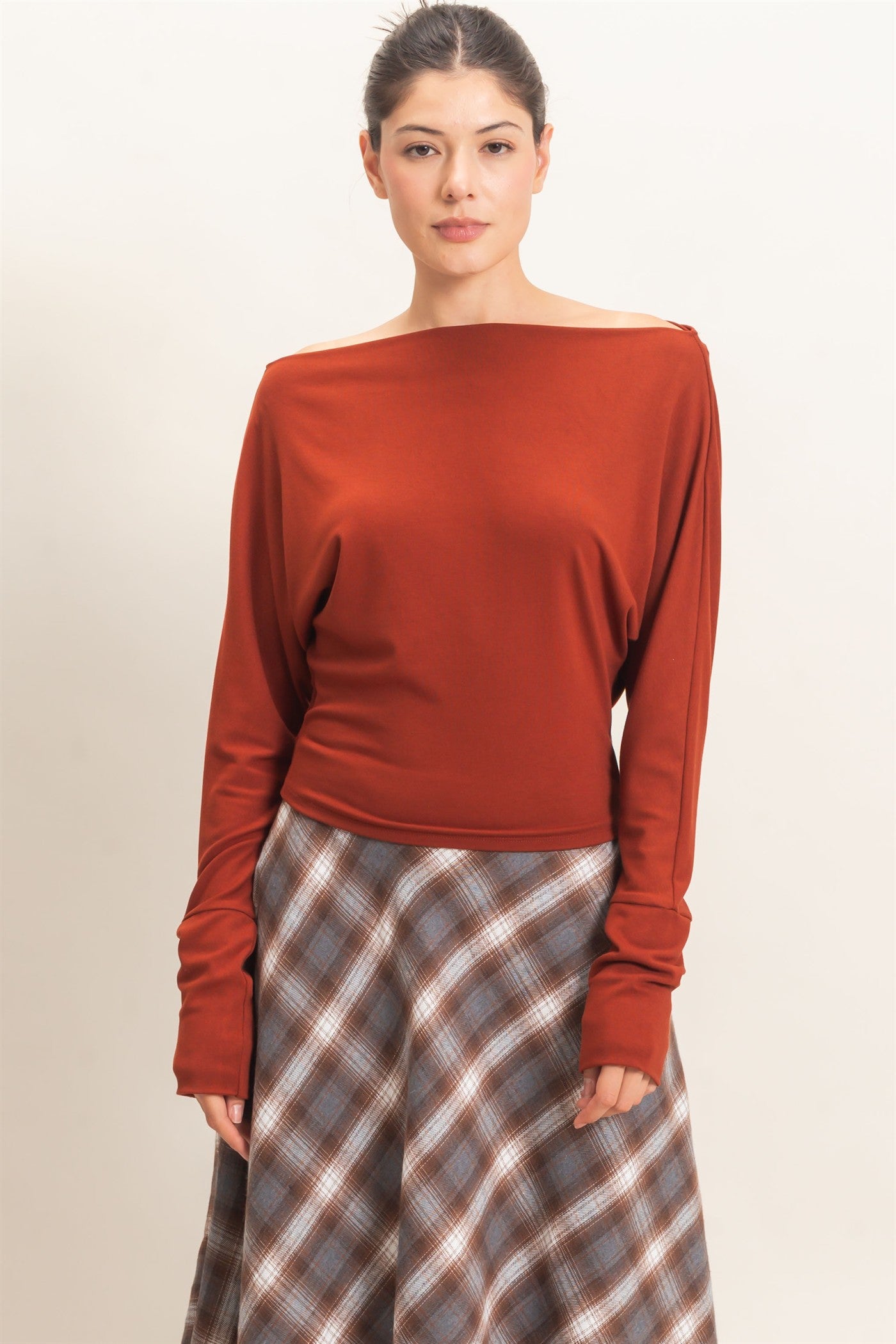 Wholesale Wide Boat Neck Dolman Sleeve Top Shirts HF26C883 BURNT SIENNA HYFVE