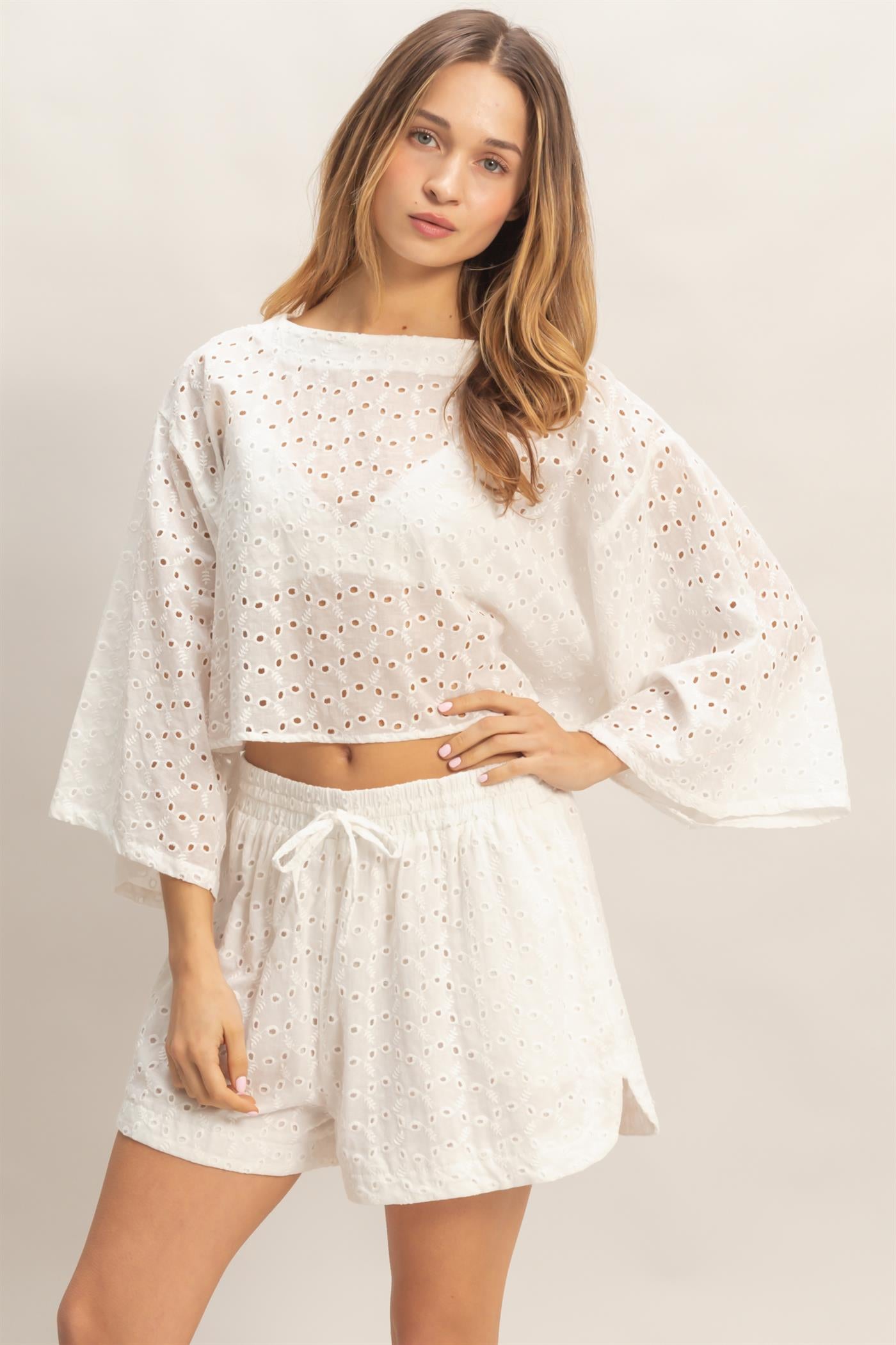 Wholesale Eyelet Long Sleeve Top & Shorts Set Clothing HF26A066-SET WHITE HYFVE