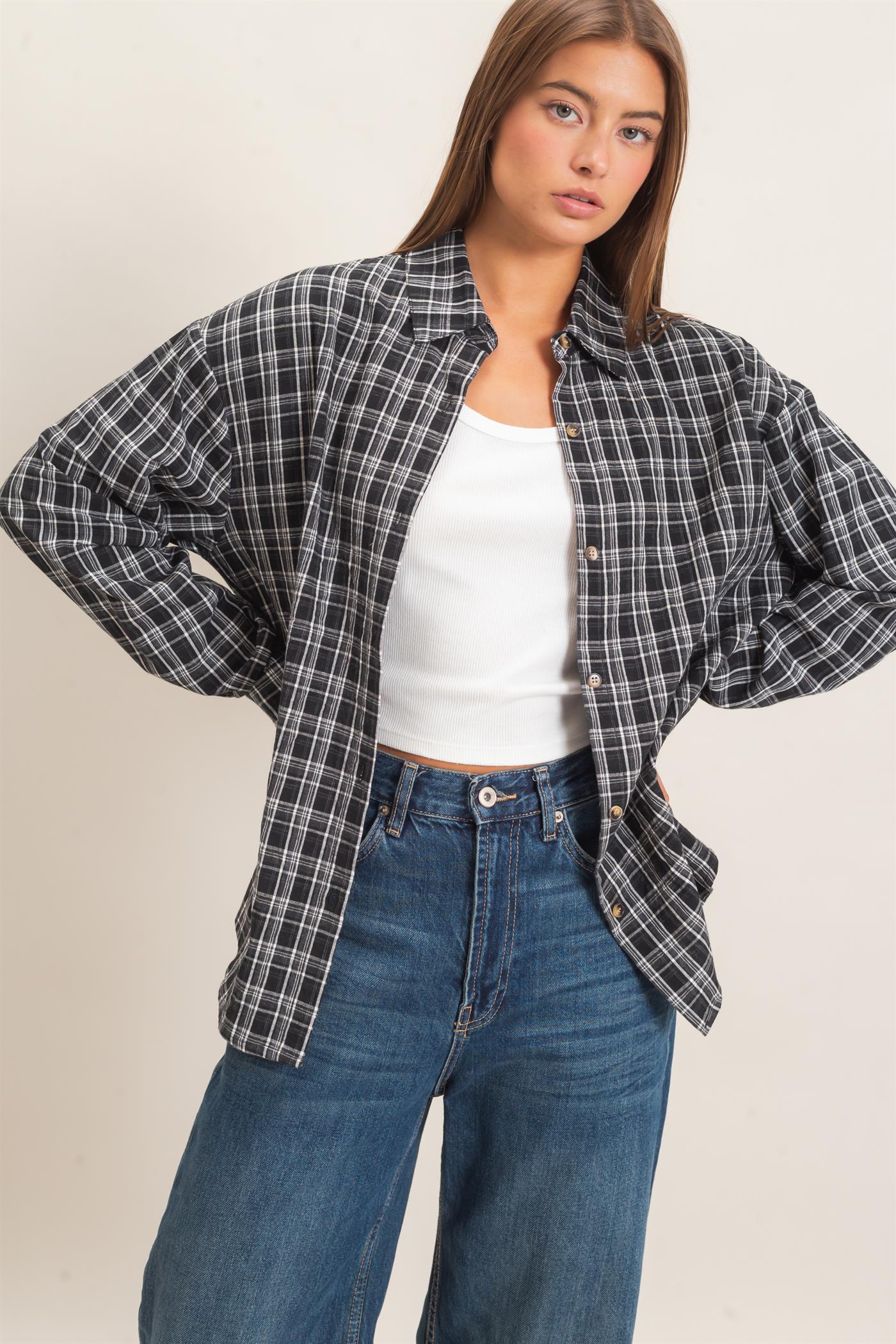 Wholesale Plaid Oversized Shirt Shirts DZ26F062 BLACK DOUBLE ZERO