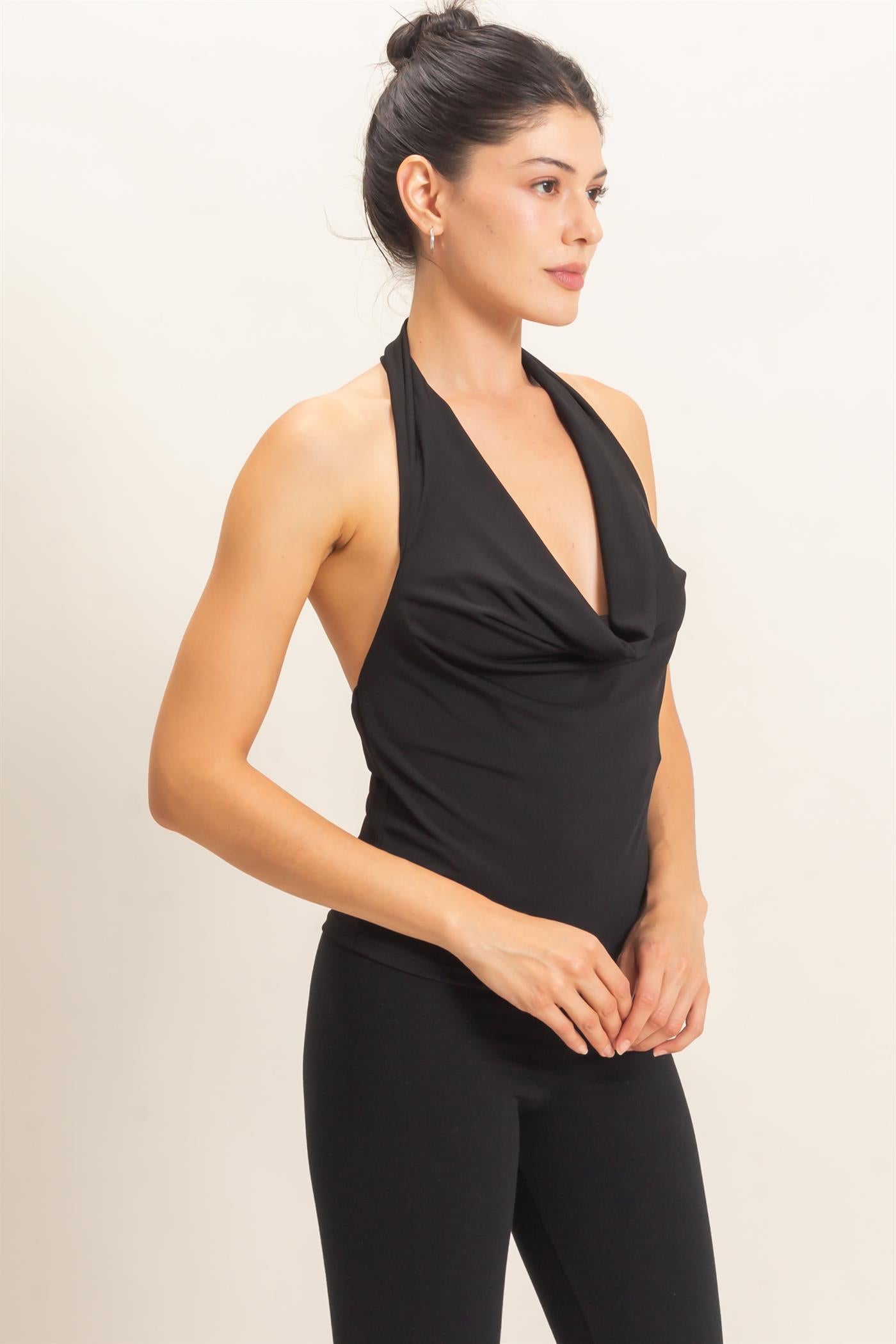 Wholesale Cowl Halter Neck Top Clothing Tops HF26E408 BLACK HYFVE