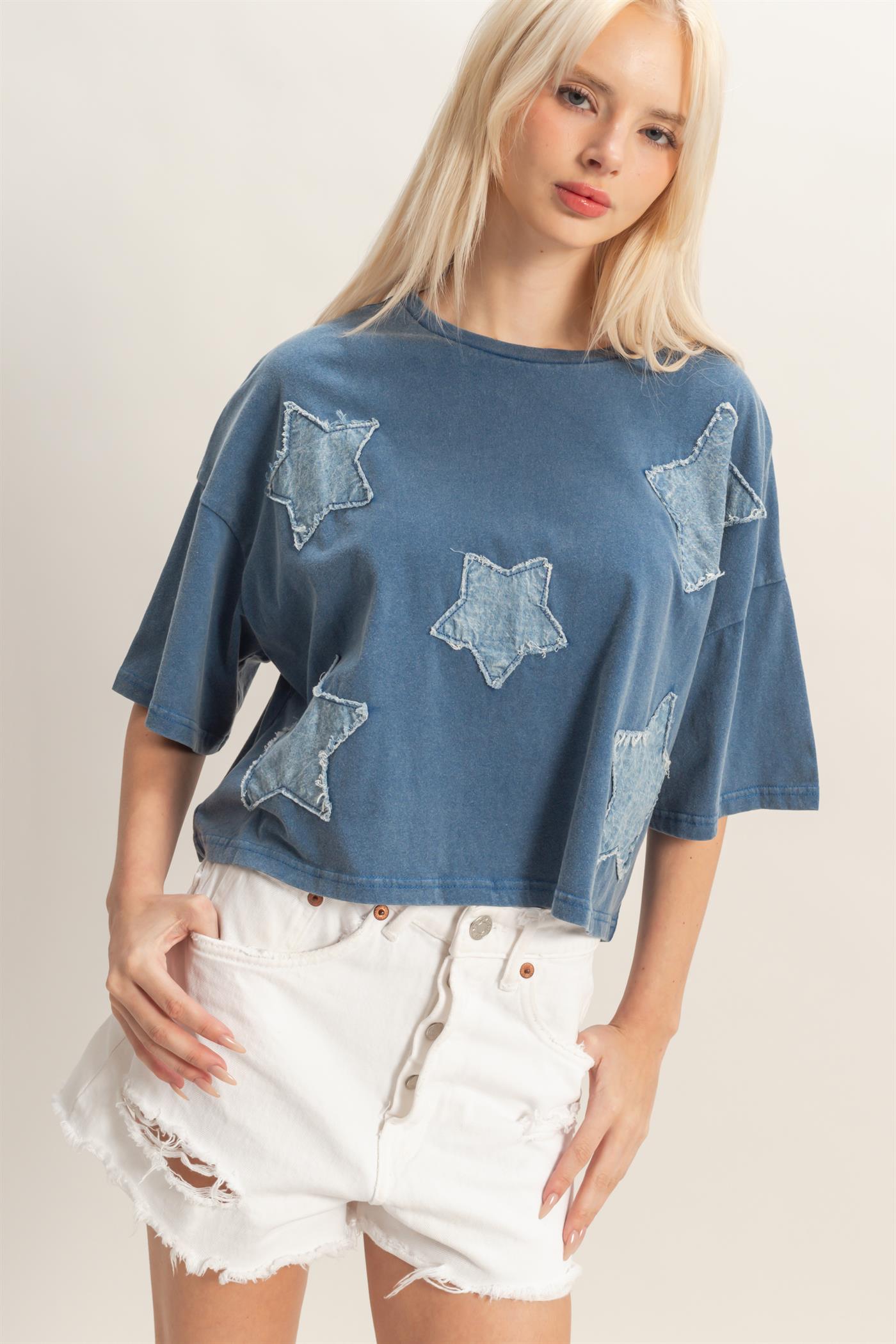 Wholesale Raw Edge Star Patch Top Clothing Tops DZ26C616 NAVY DOUBLE ZERO