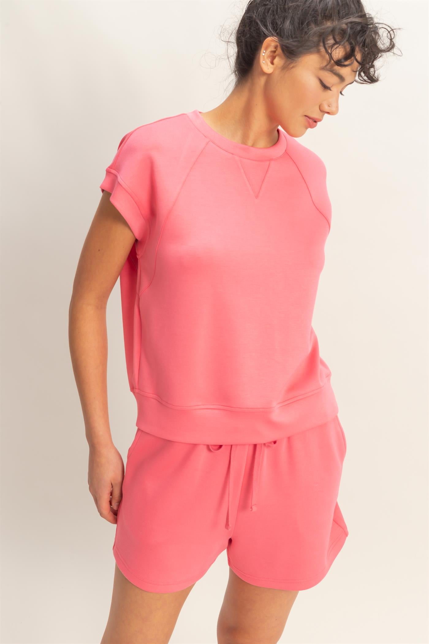 Wholesale Crew Neck Sleeveless Top And Shorts Set Clothing DZ26C575-SET TAFFY PINK DOUBLE ZERO