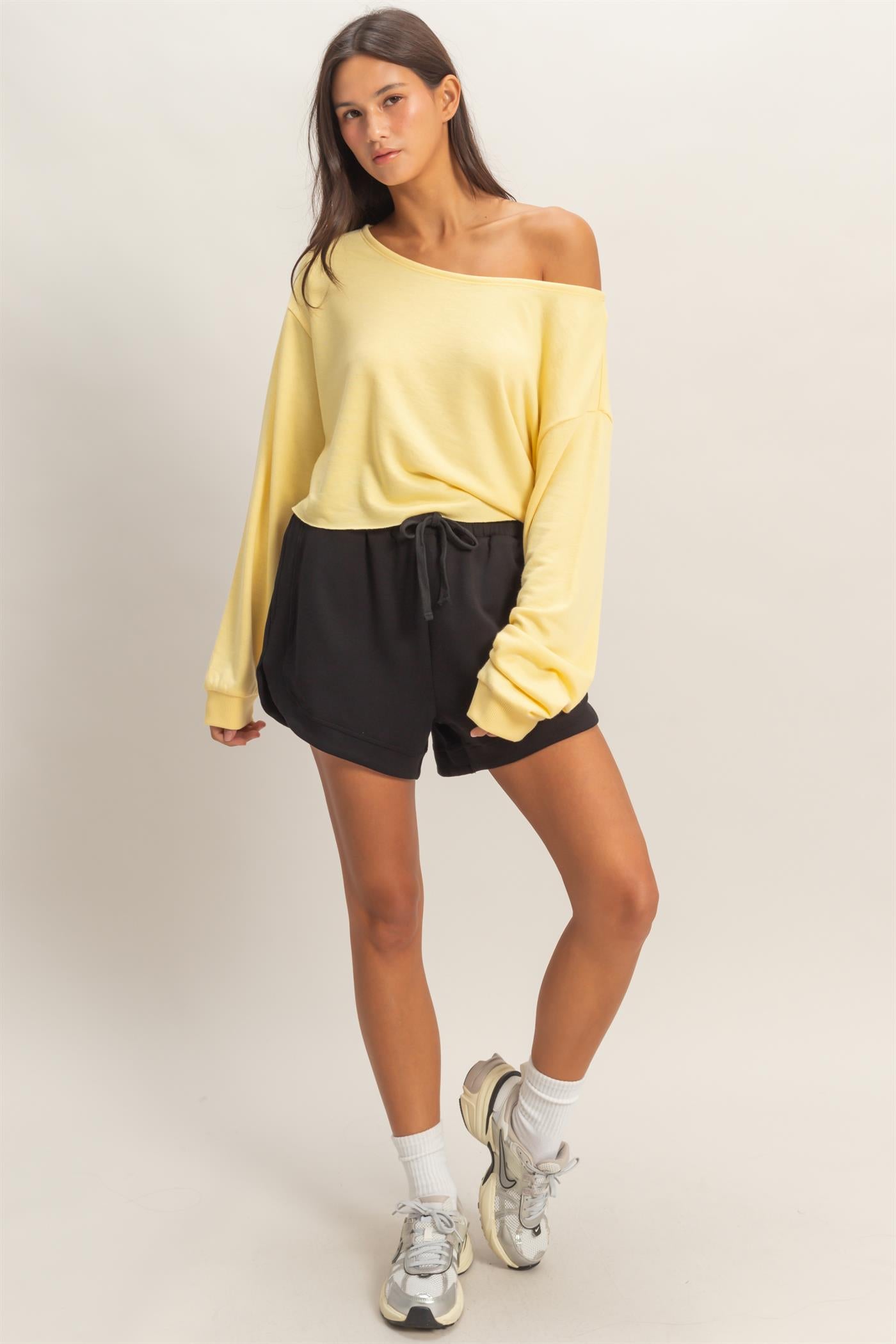 Wholesale Casually Cute Boat Neck Long Sleeve Top Clothing Tops DZ25C023 CREAMY YELLOW DOUBLE ZERO