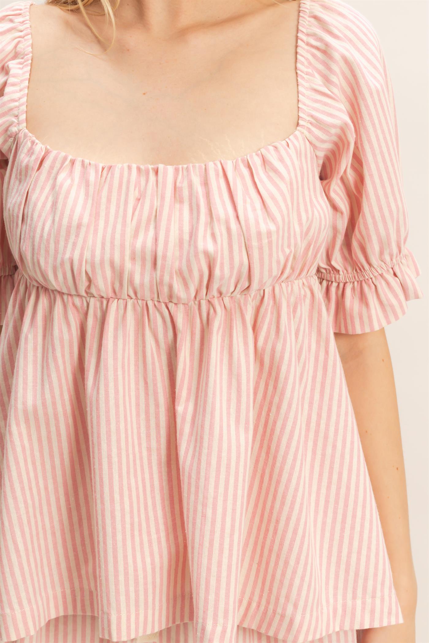 Wholesale Striped Square Neck Peplum Top Clothing Tops HF26E386 PINK HYFVE