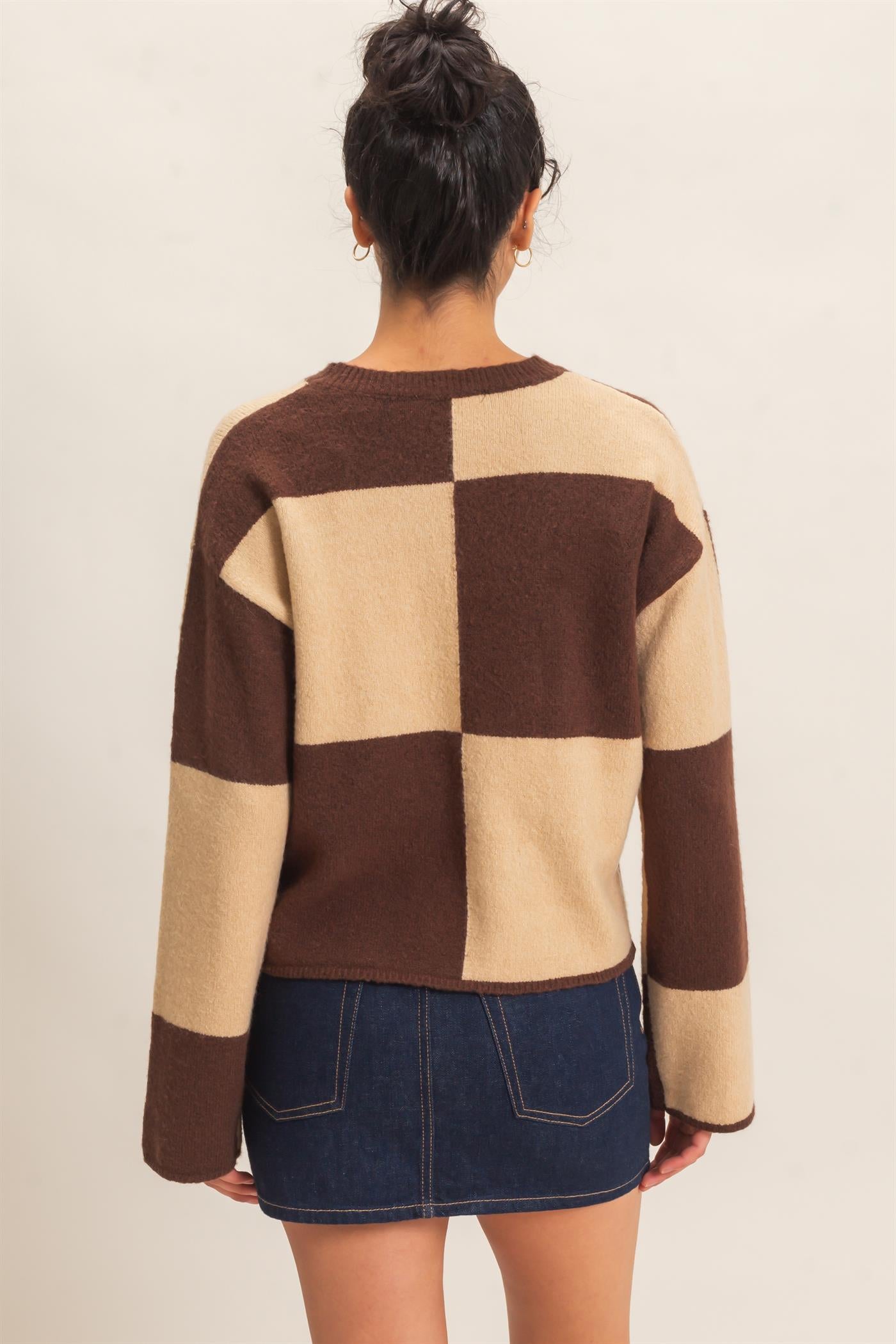 Wholesale Crew Neck Checkered Sweater Sweaters DZ26C980 DARK BROWN DOUBLE ZERO