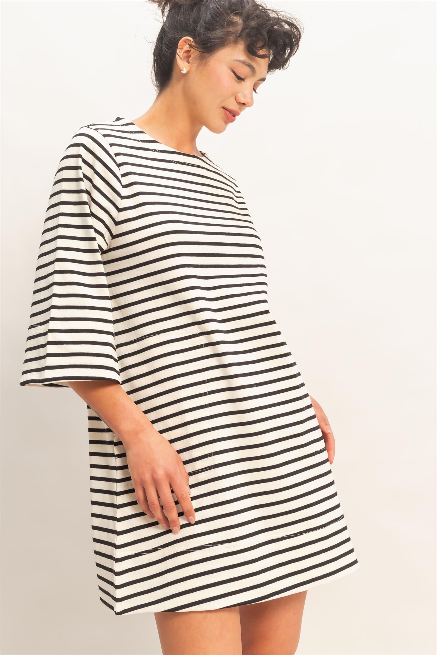 Wholesale Striped Round Neck Half-Sleeve Mini Dress Dresses DZ26A460 BLACK DOUBLE ZERO