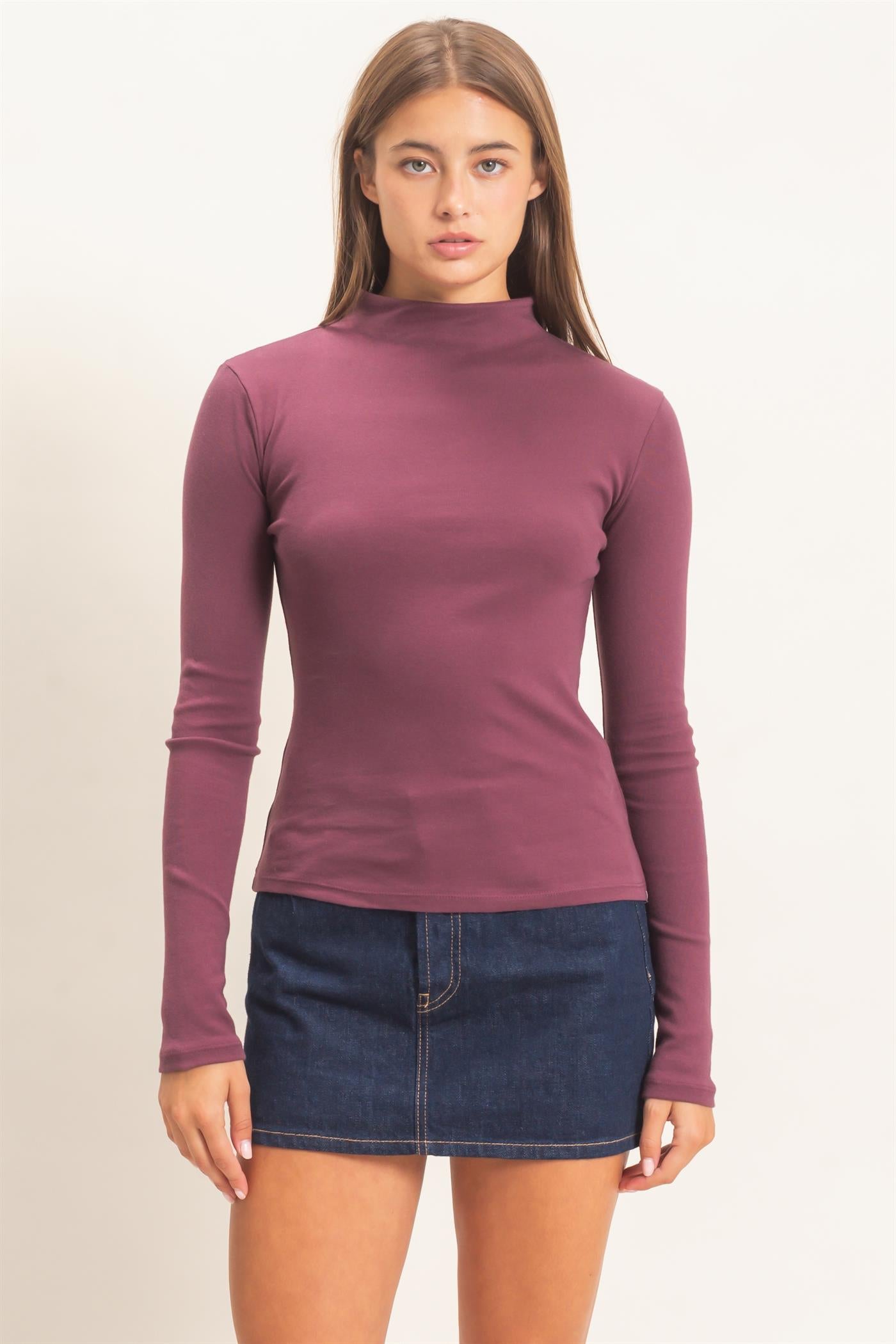 Wholesale Mock Neck Long Sleeve Top Clothing Tops DZ26F281 DARK CHERRY DOUBLE ZERO