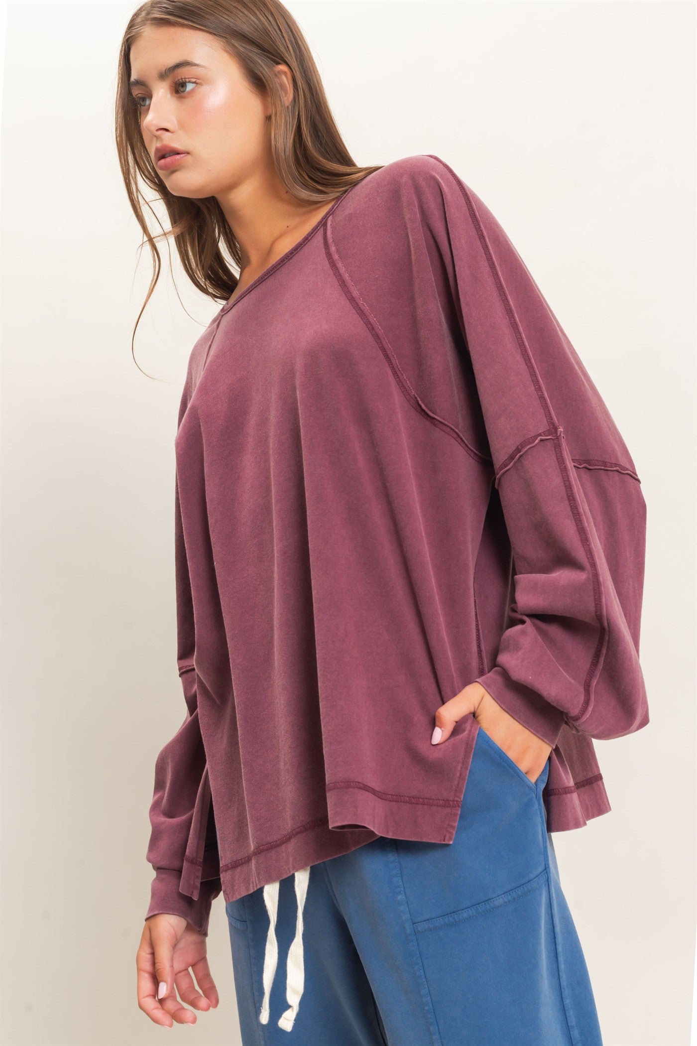 Wholesale Raglan Sleeve Snow Wash Top Shirts DZ26E945 DARK CHERRY DOUBLE ZERO
